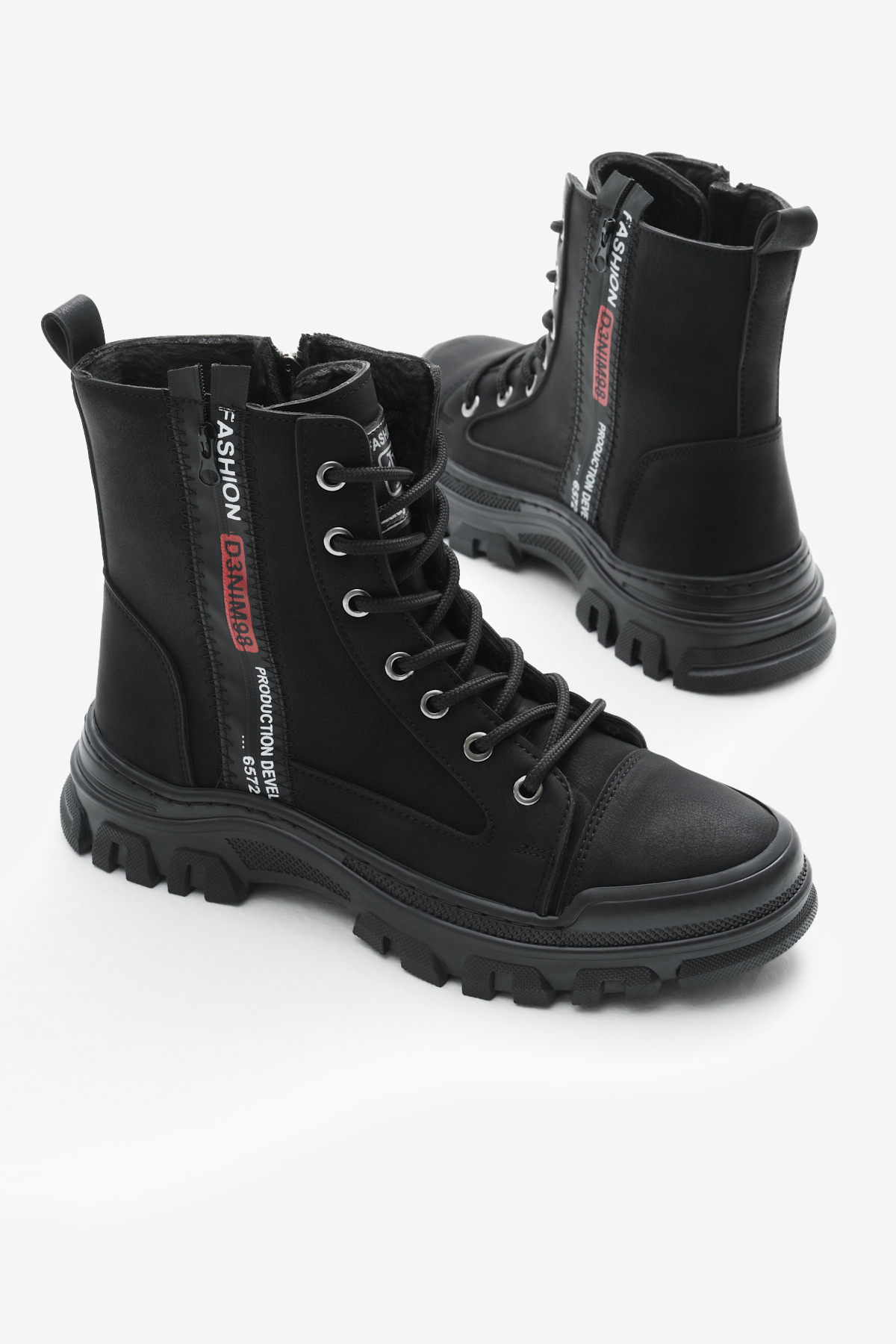 Kadın Siyah Mat Termo Taban Yanı Şerit Yazılı Bağcıklı ve Fermuarlı Bot - Görsel 4