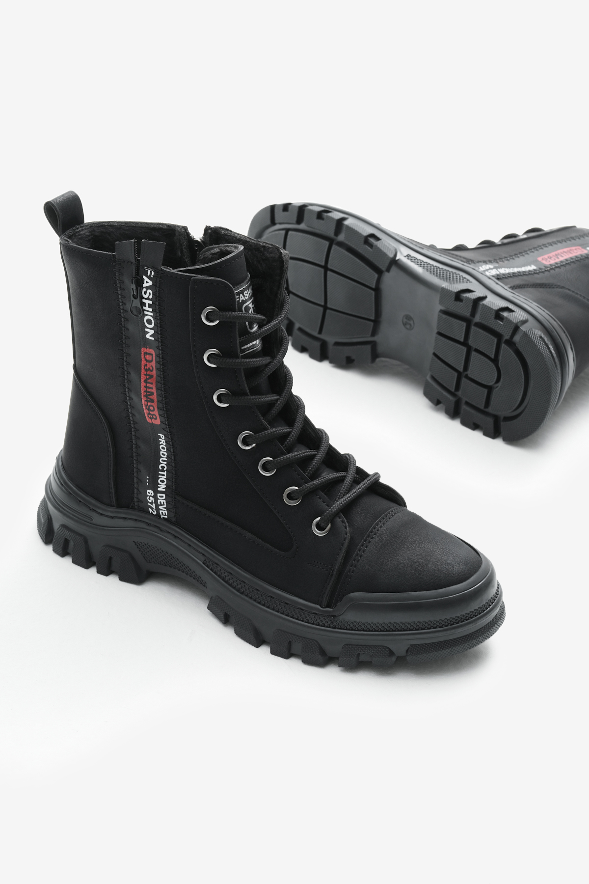 Kadın Siyah Mat Termo Taban Yanı Şerit Yazılı Bağcıklı ve Fermuarlı Bot - Görsel 5