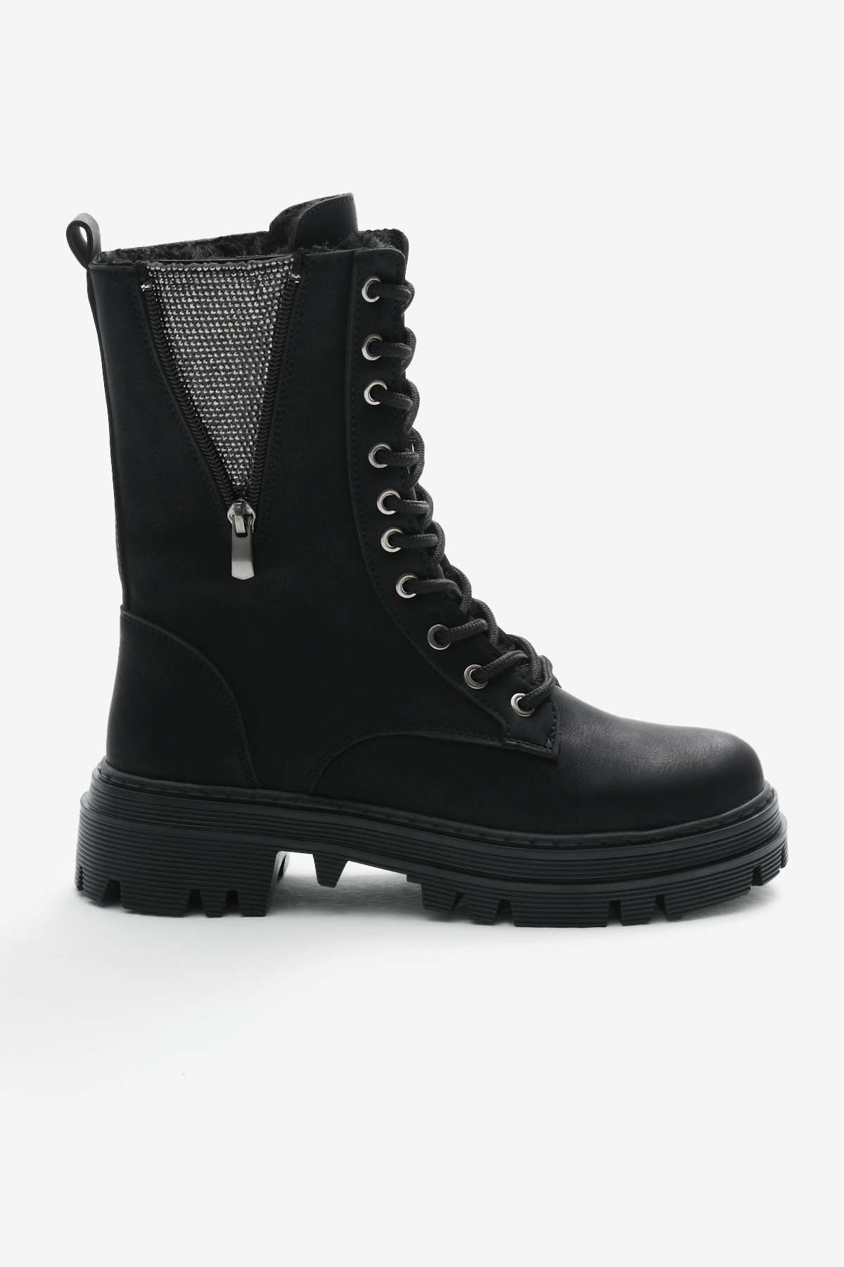 Kadın Siyah Mat Termo Taban Yanı Taşlı Detaylı Bağcıklı ve Fermuarlı Bot - Görsel 3