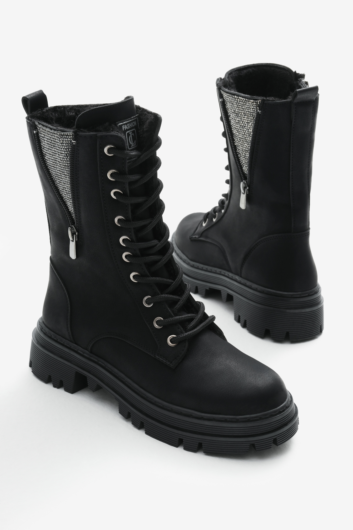 Kadın Siyah Mat Termo Taban Yanı Taşlı Detaylı Bağcıklı ve Fermuarlı Bot - Görsel 4