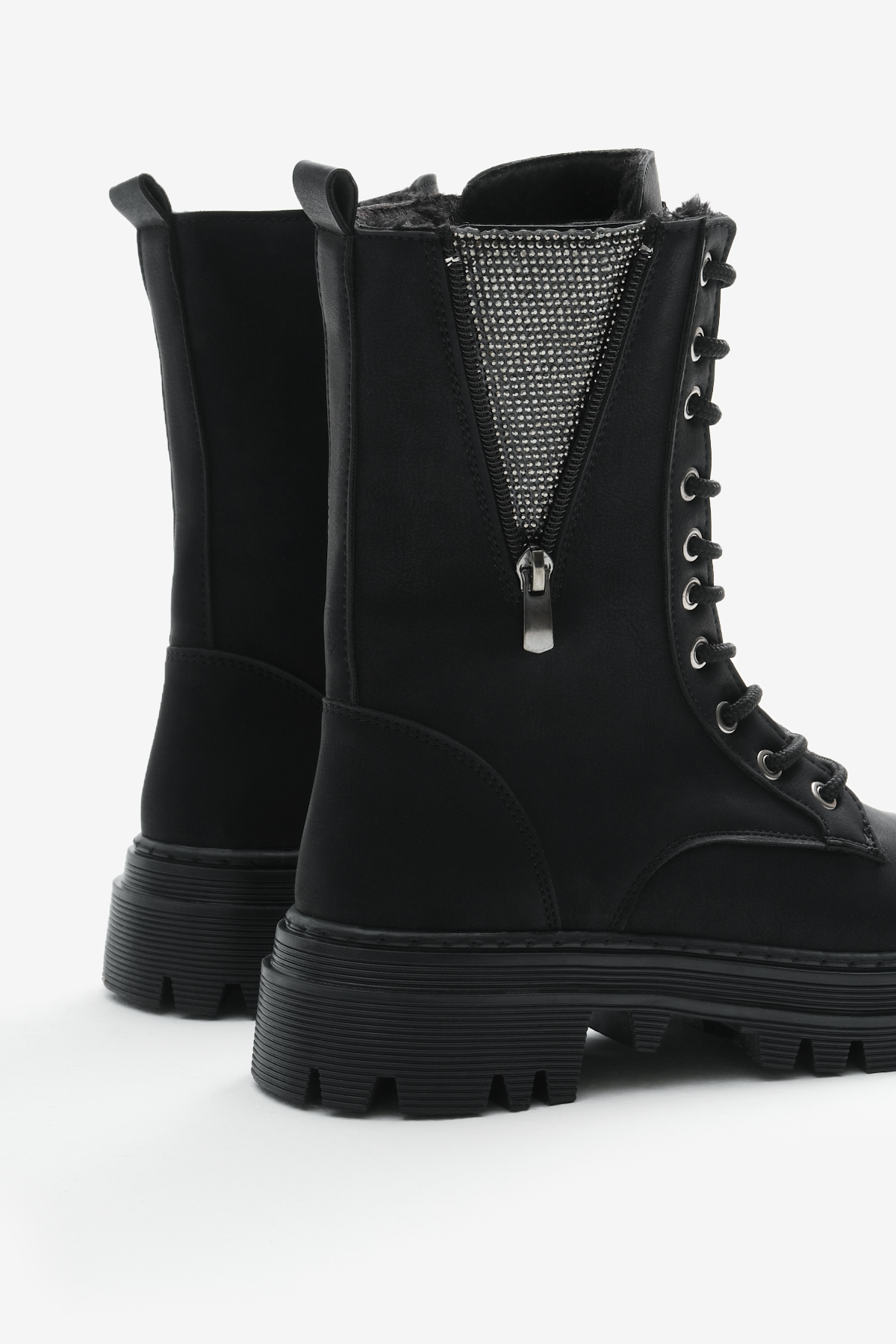 Kadın Siyah Mat Termo Taban Yanı Taşlı Detaylı Bağcıklı ve Fermuarlı Bot - Görsel 6