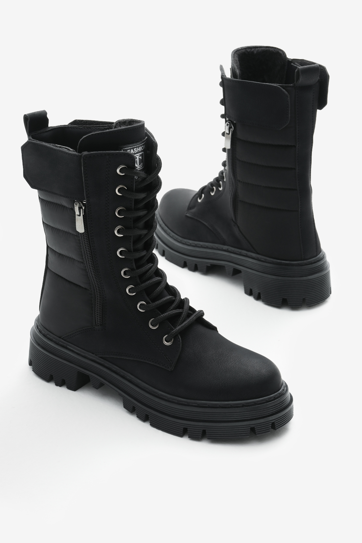 Kadın Siyah Mat Termo Taban Nakışlı Dilim Desenli Cırtlı Bağcıklı ve Fermuarlı Bot - Görsel 2