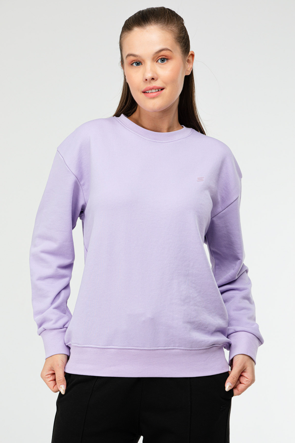 Lila Oversize Basic Pamuklu Bisiklet Yaka Uzun Kol Kadın Sweatshirt SC1241