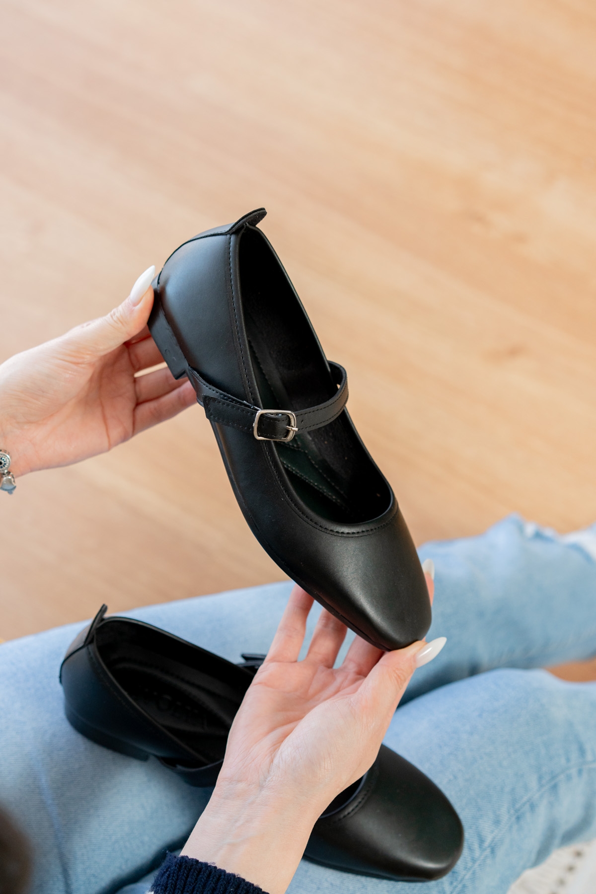 Latte Siyah ( 1 cm Topuklu ) Baretli Yuvarlık Burun Babet - Görsel 3