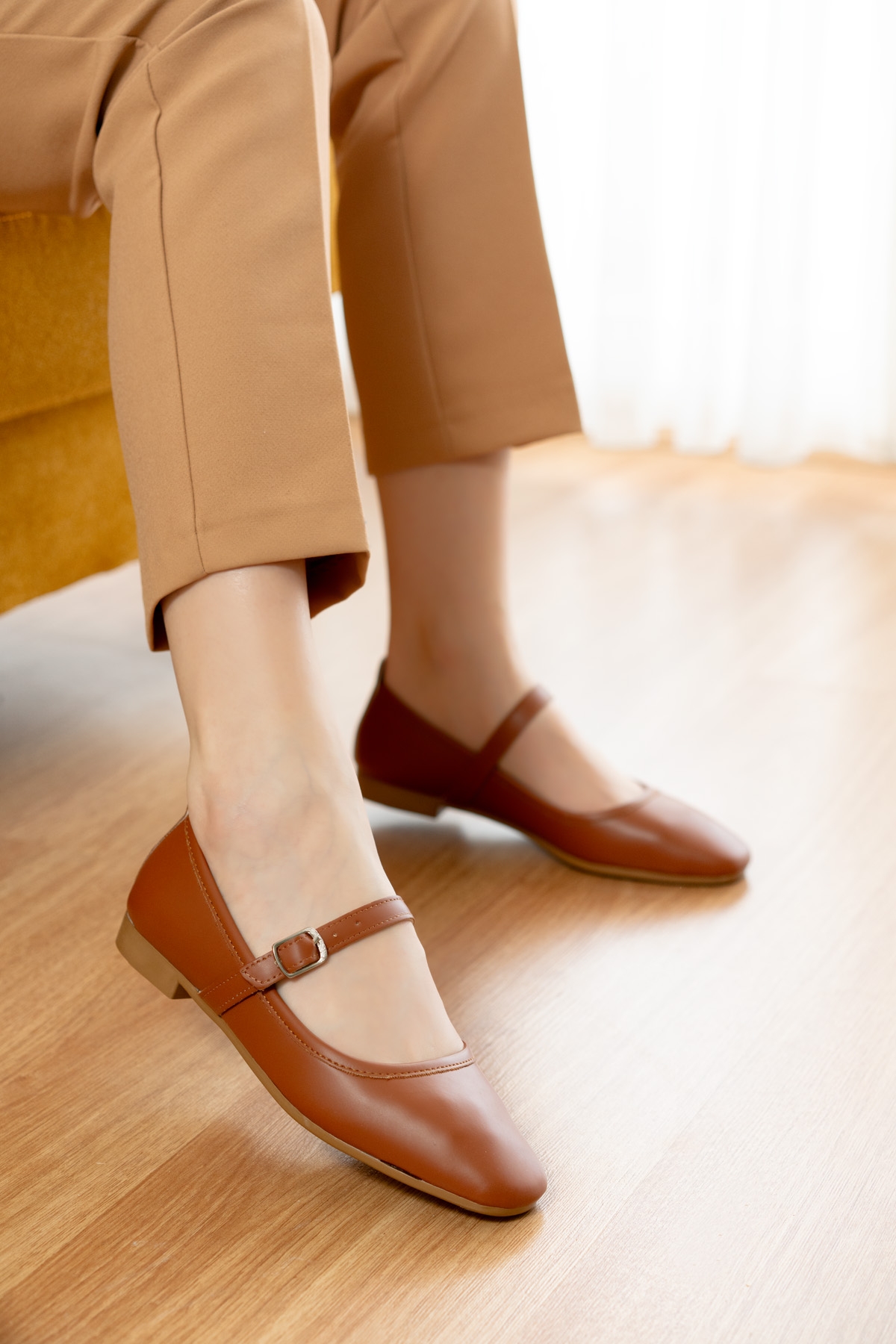 Latte Taba ( 1 cm Topuklu ) Baretli Yuvarlık Burun Babet - Görsel 2