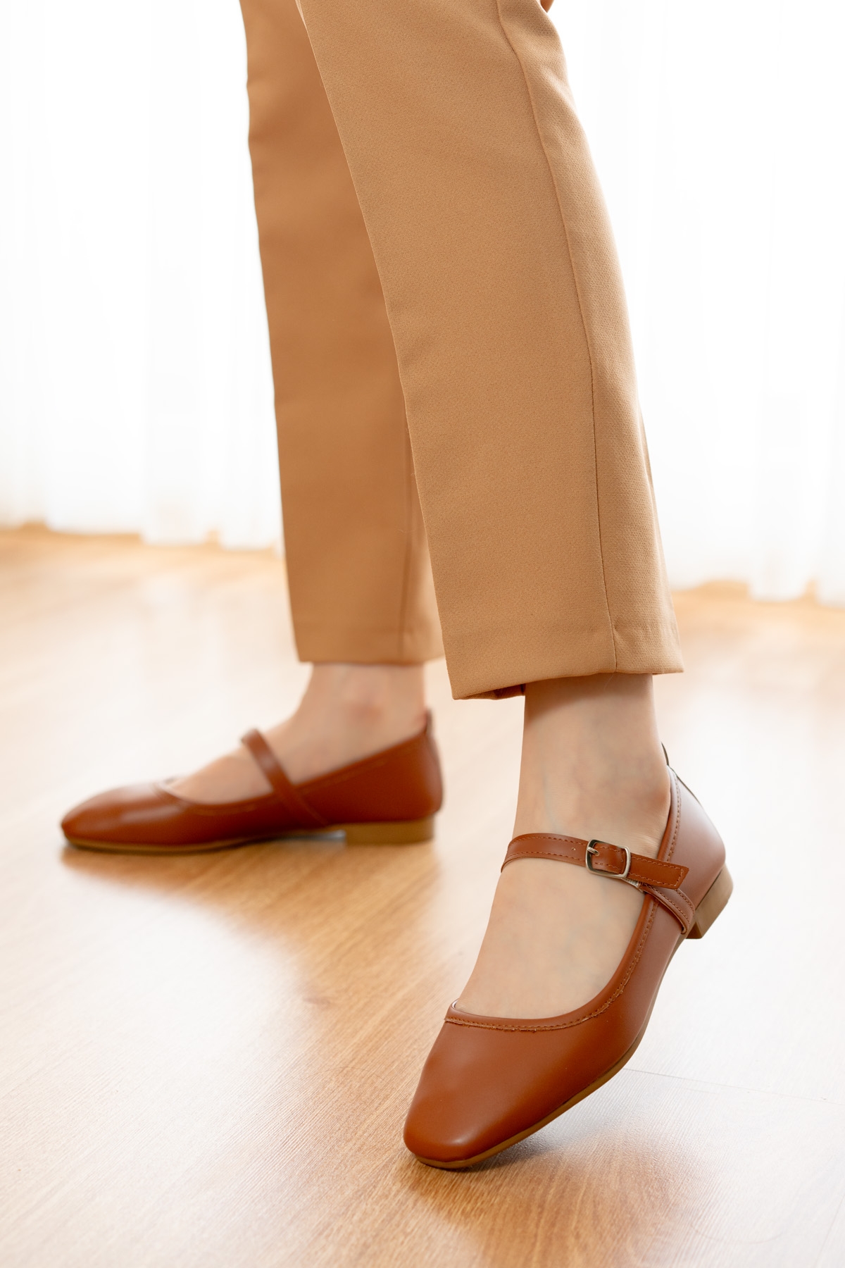 Latte Taba ( 1 cm Topuklu ) Baretli Yuvarlık Burun Babet - Görsel 4