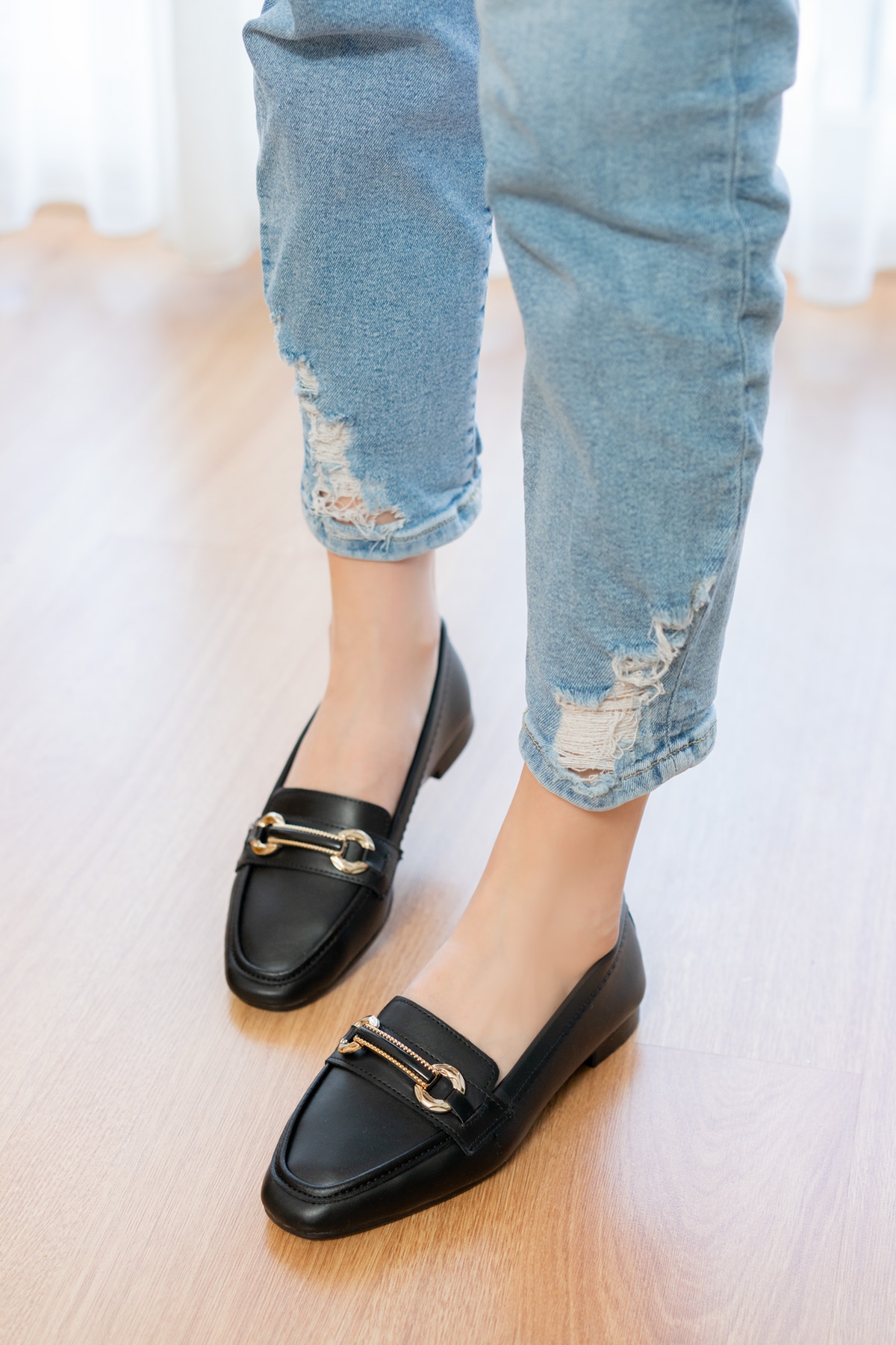 Fabri Siyah Tokalı ( 1 cm Topuklu ) Küt Burunlu Babet - Görsel 7