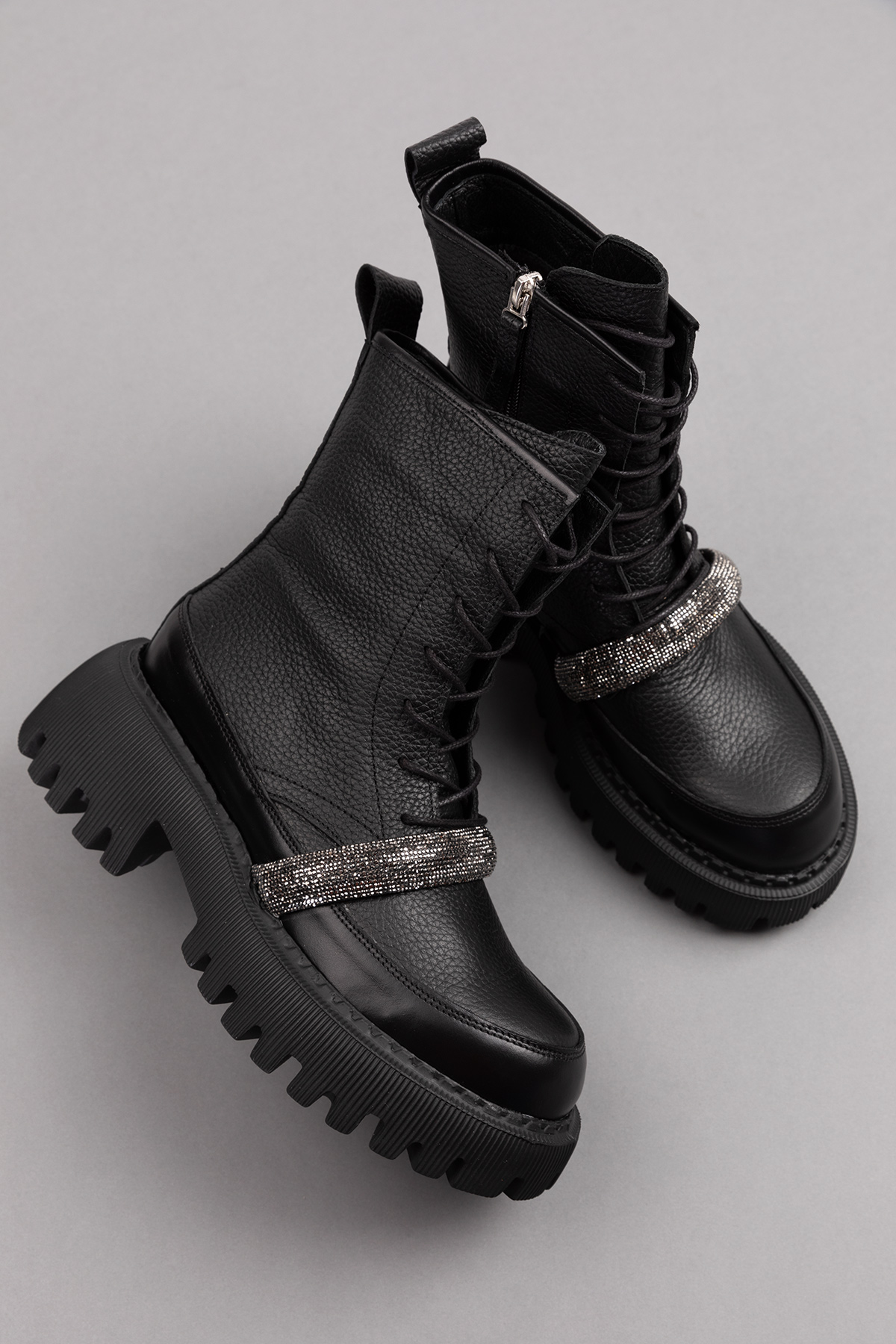 Gondol Kadın Hakiki Deri Kalın Topuklu Hafif Taş Detaylı Şık Bot rg.88222 - Görsel 9