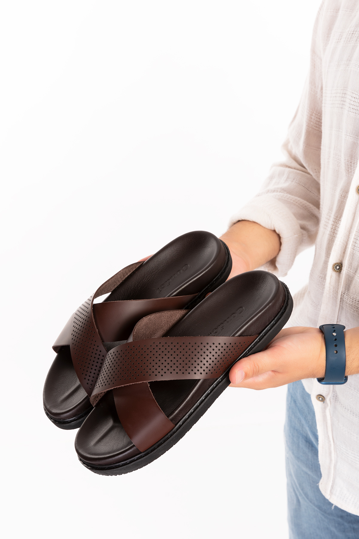 Gondol Erkek Hakiki Deri Çapraz Bant Klasik Terlik esm.2024 - Görsel 3