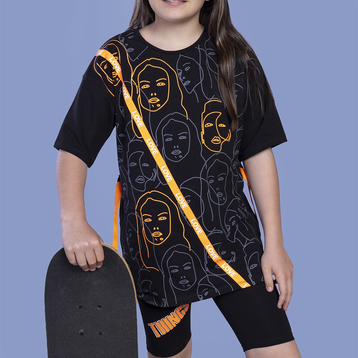 Toontoy KidsToontoy Kız Çocuk Komple Baskılı Şerit Detaylı Biker Taytlı Takım