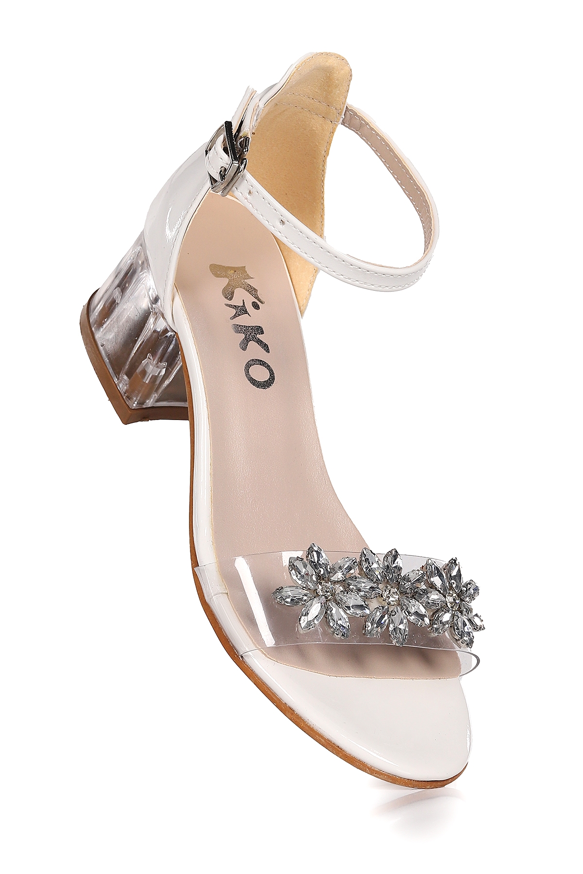 Yangu Rugan Taşlı Kız Çocuk 3 Cm Şeffaf Topuklu Sandalet Abiye Ayakkabı Beyaz - Görsel 4