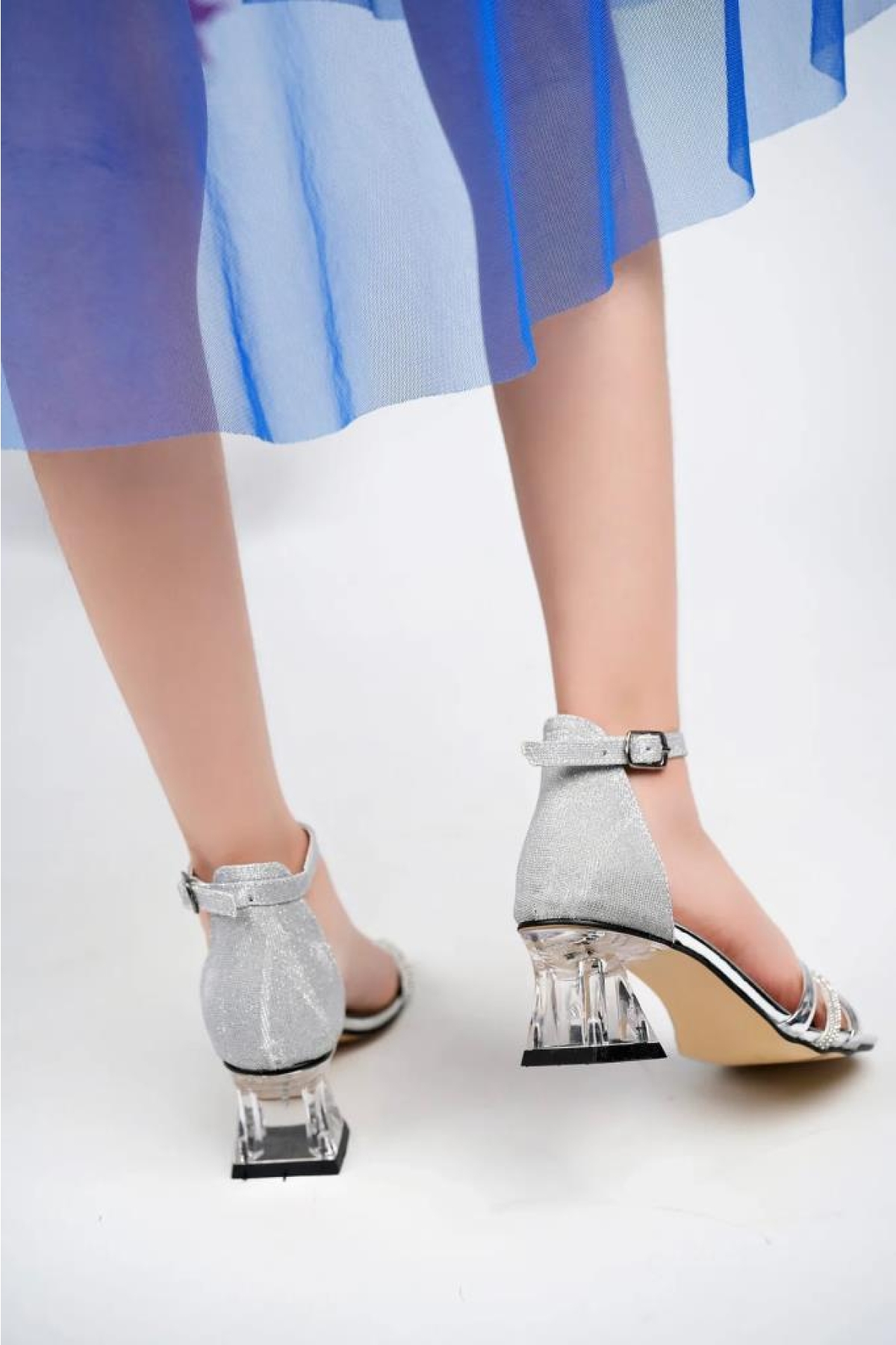 02496 Kız Çocuk Şeffaf Topuklu Abiye Taşlı Ayakkabı - Görsel 4