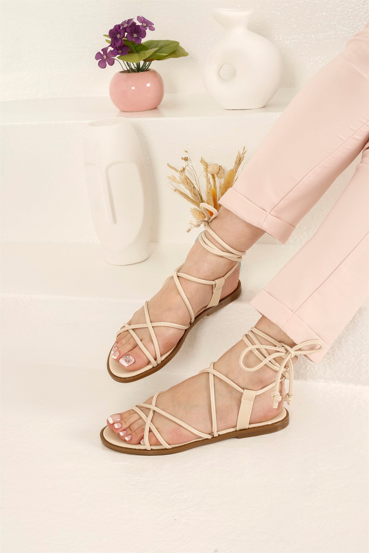 Kadın İp Bağlamalı Sandalet KREM CİLT - Görsel 2