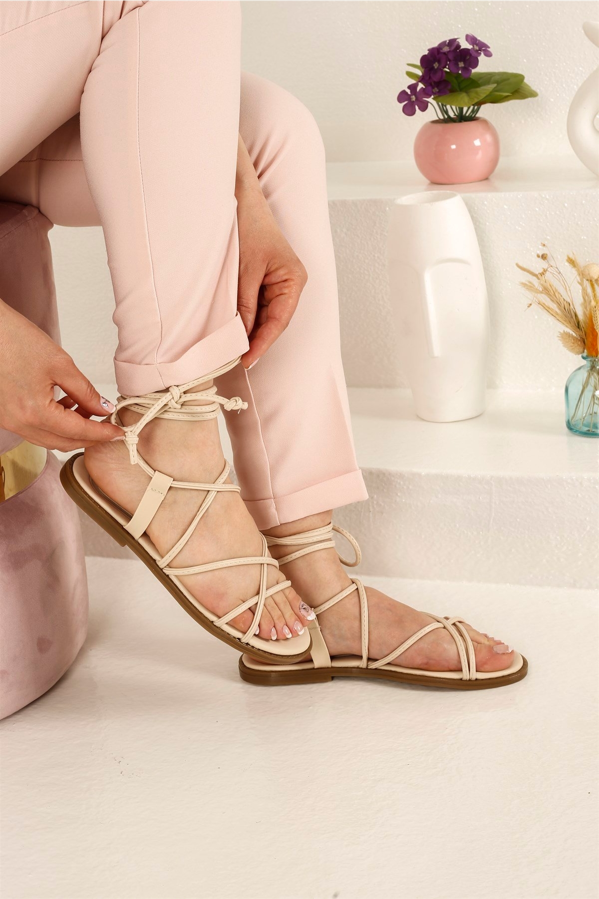 Kadın İp Bağlamalı Sandalet KREM CİLT - Görsel 3