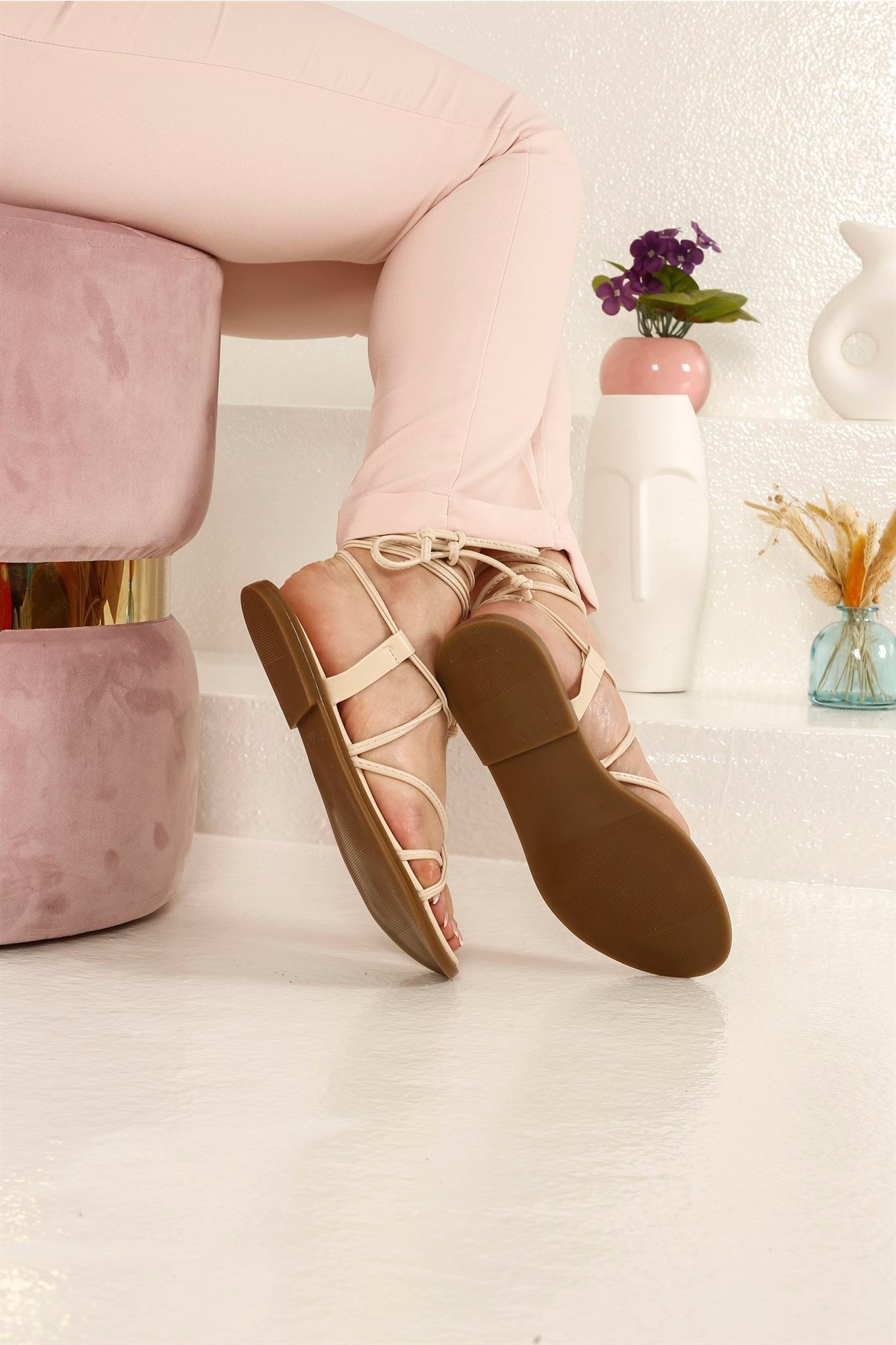 Kadın İp Bağlamalı Sandalet KREM CİLT - Görsel 4