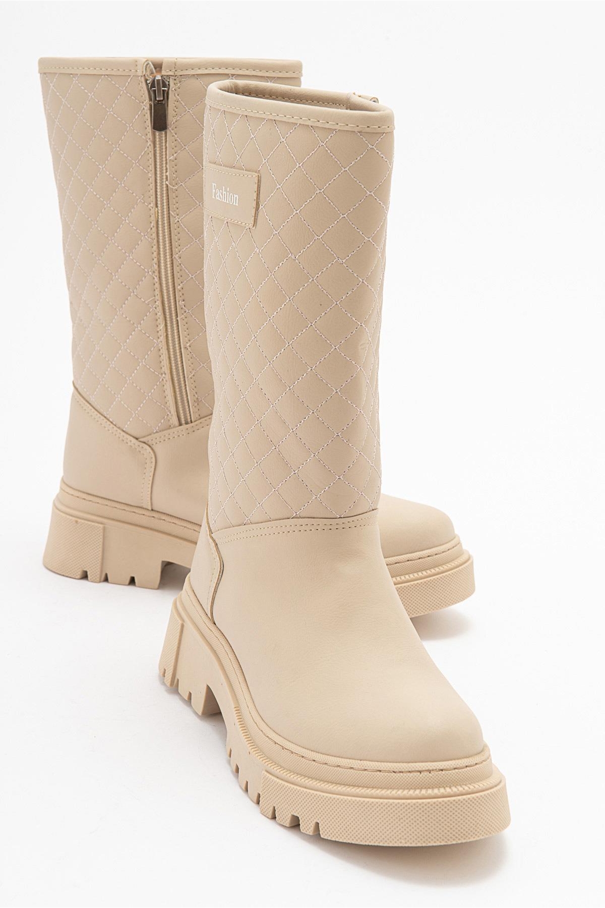 Kaydırmaz Kapitoneli Kadın Çizme KREM ZÜMRÜT - Görsel 3