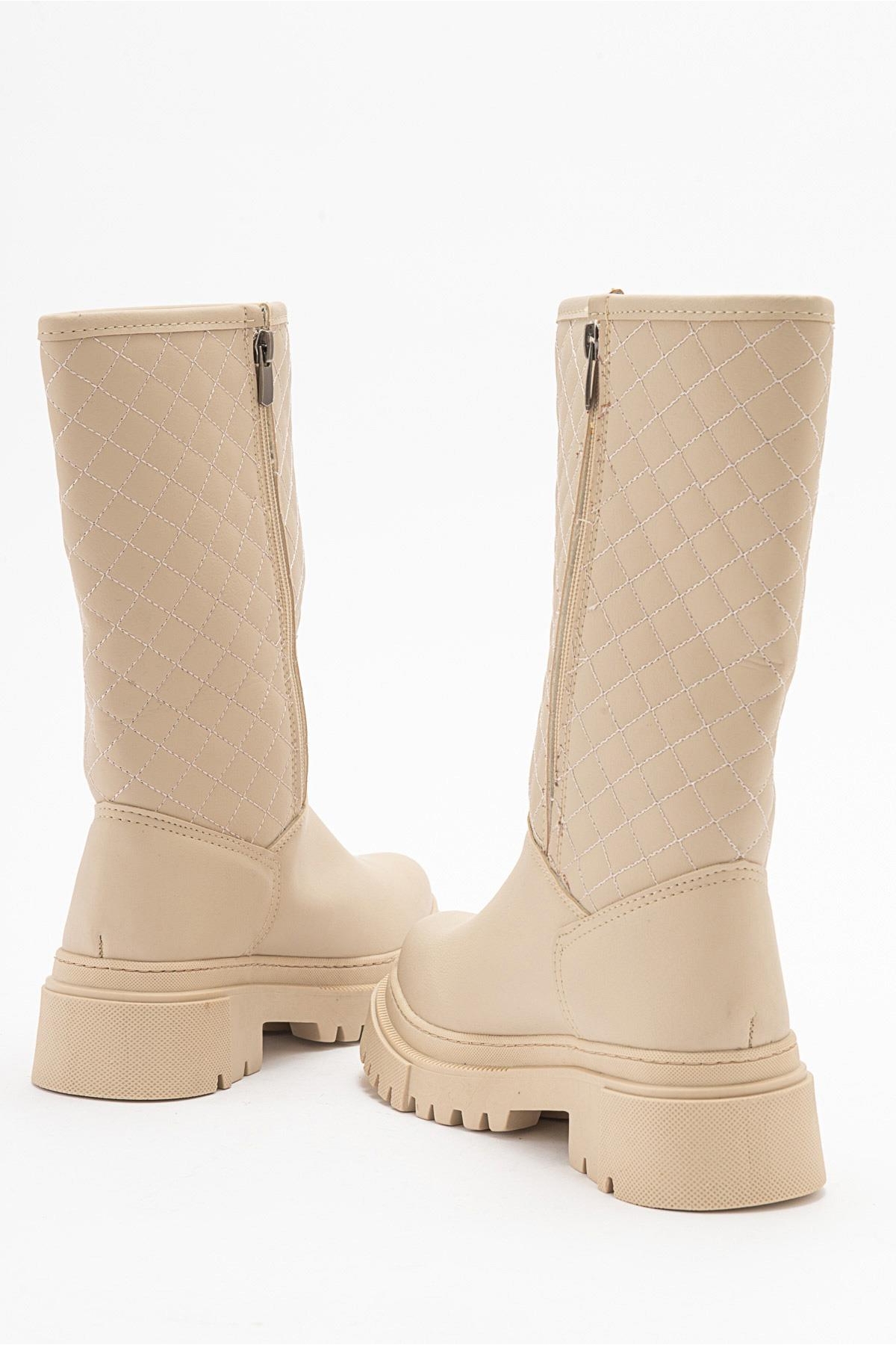 Kaydırmaz Kapitoneli Kadın Çizme KREM ZÜMRÜT - Görsel 5