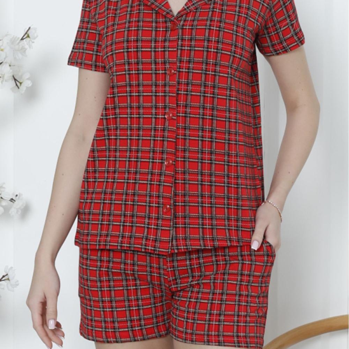 NICOLETTAKadın Düğmeli Şortlu Pijama Takımı Ekoseli Pamuklu Likralı Cepli KIRMIZI