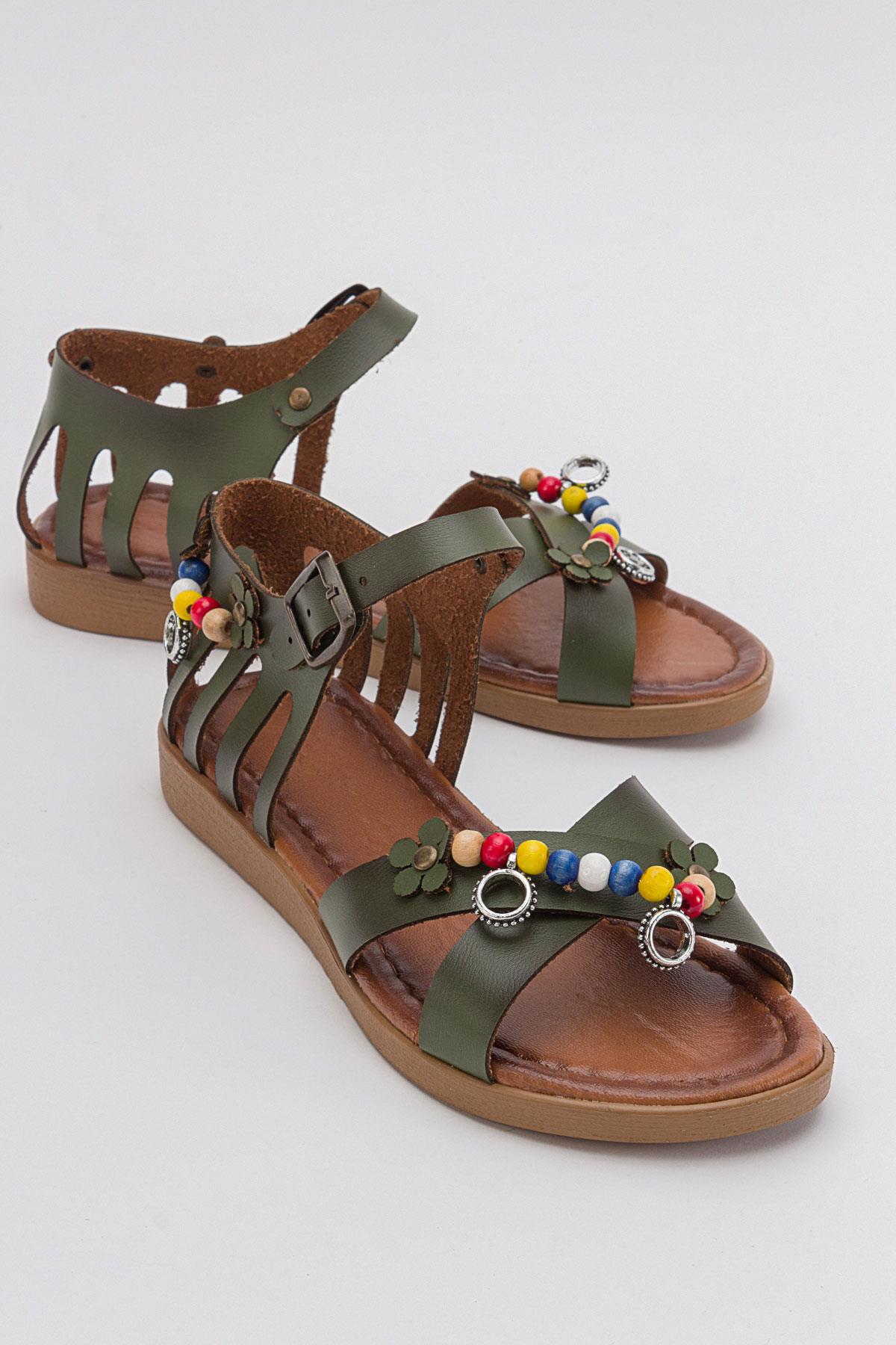 Boncuklu Kadın Sandalet HAKİ YEŞİL CİLT - Görsel 2