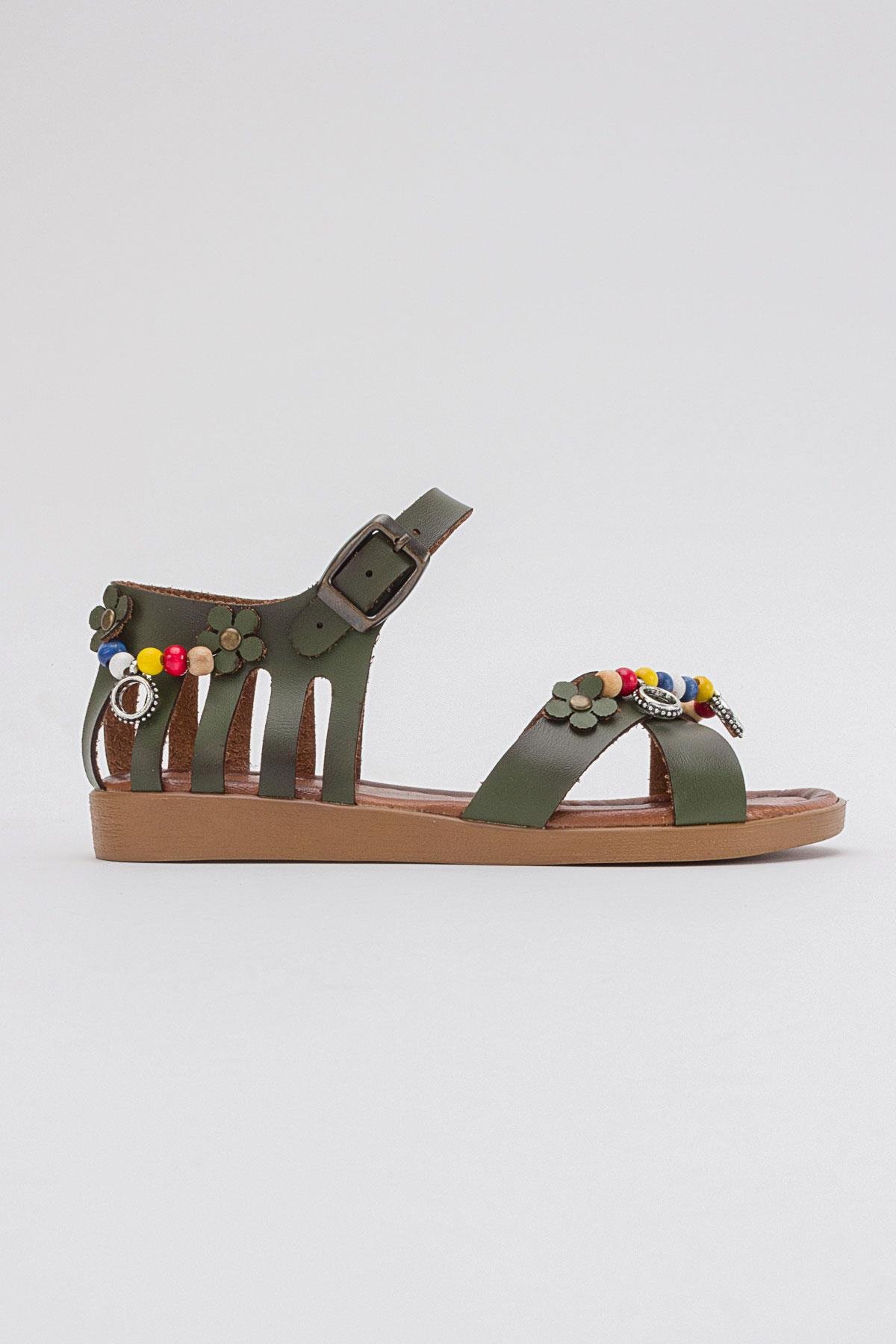 Boncuklu Kadın Sandalet HAKİ YEŞİL CİLT - Görsel 3