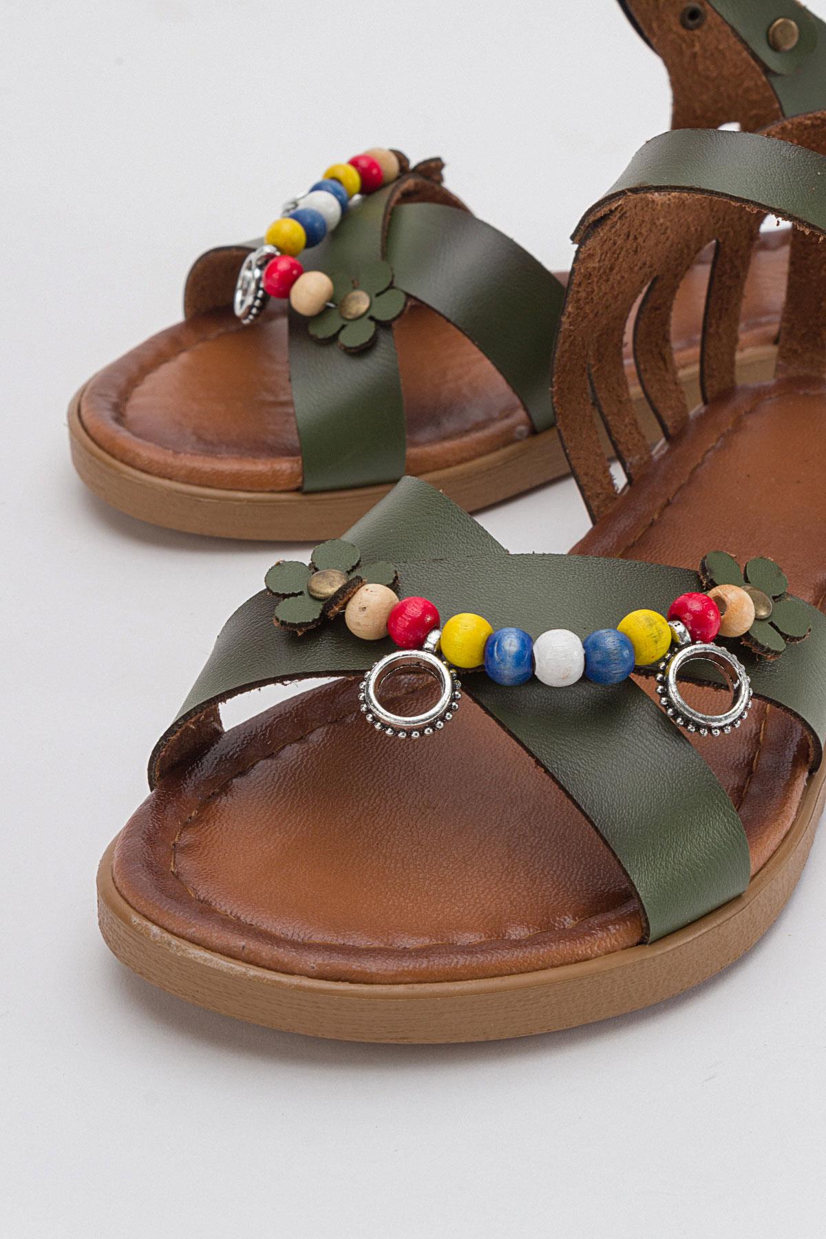 Boncuklu Kadın Sandalet HAKİ YEŞİL CİLT - Görsel 4