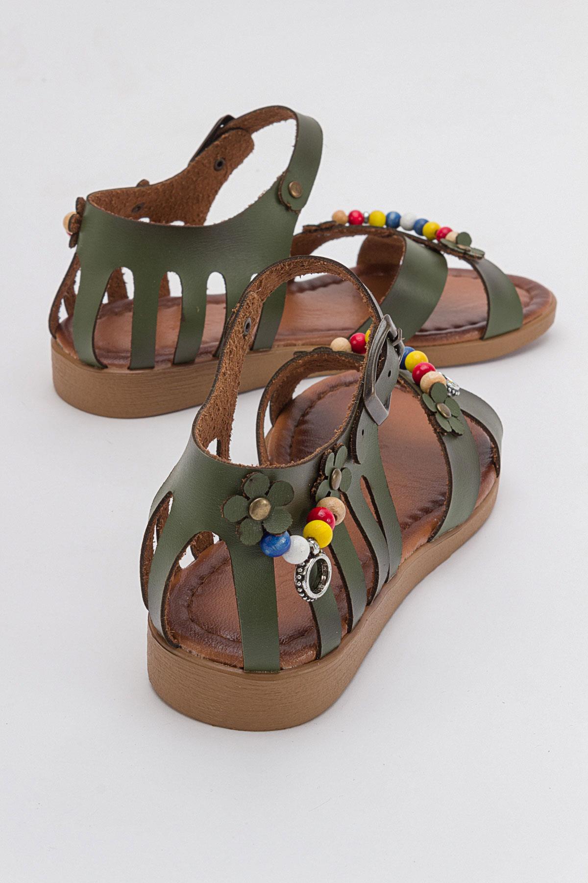 Boncuklu Kadın Sandalet HAKİ YEŞİL CİLT - Görsel 5