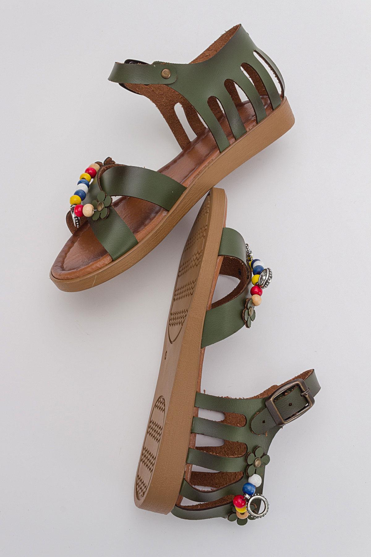 Boncuklu Kadın Sandalet HAKİ YEŞİL CİLT - Görsel 6