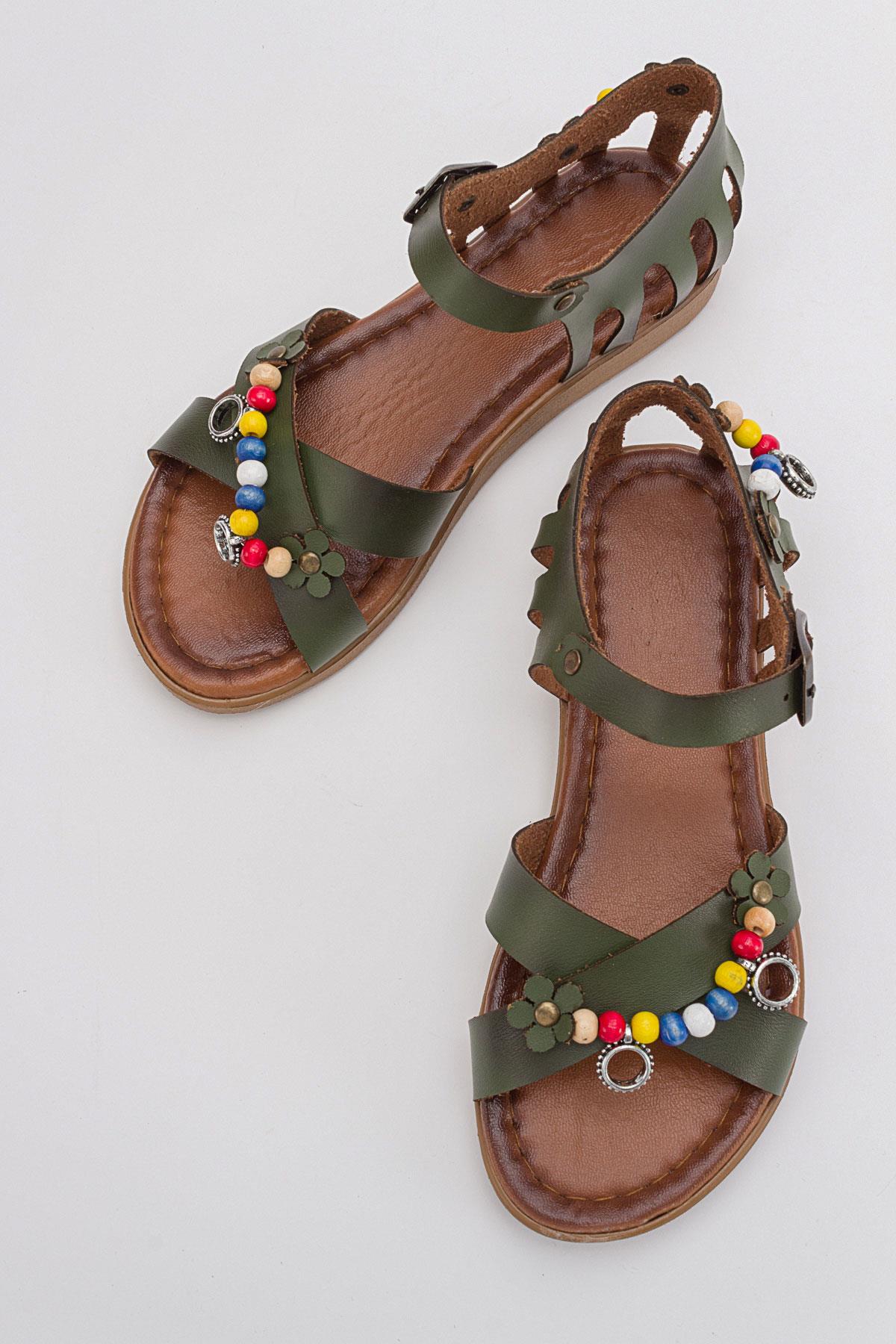 Boncuklu Kadın Sandalet HAKİ YEŞİL CİLT - Görsel 7