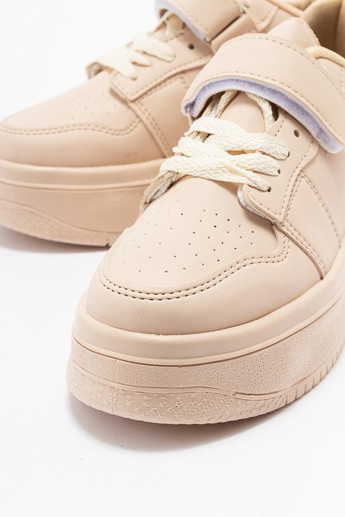 Cırtlı Bağcıklı Kadın Spor Ayakkabı BEJ BEJ - Görsel 4