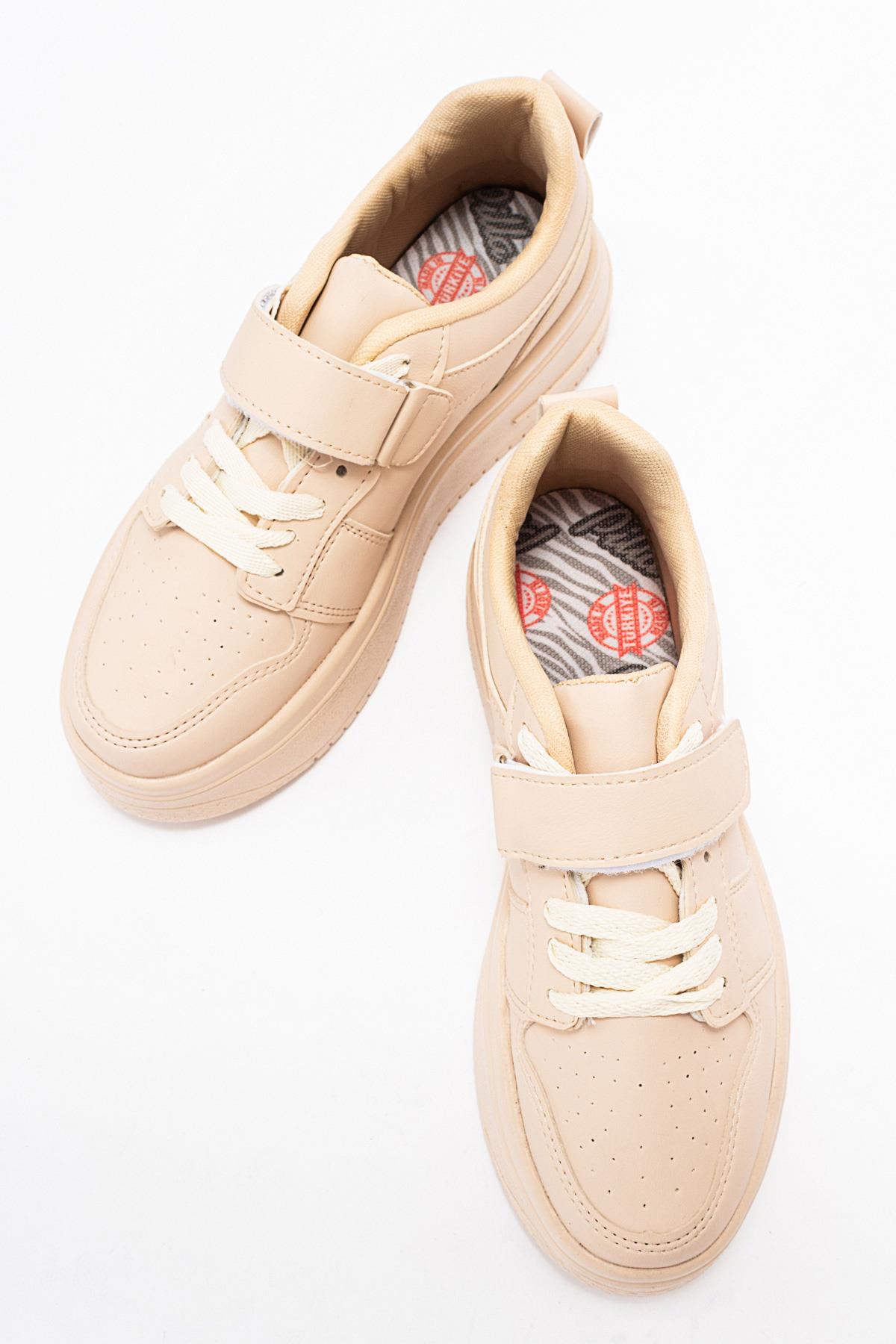 Cırtlı Bağcıklı Kadın Spor Ayakkabı BEJ BEJ - Görsel 6