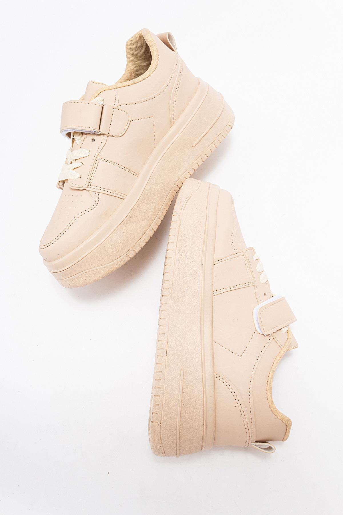 Cırtlı Bağcıklı Kadın Spor Ayakkabı BEJ BEJ - Görsel 7