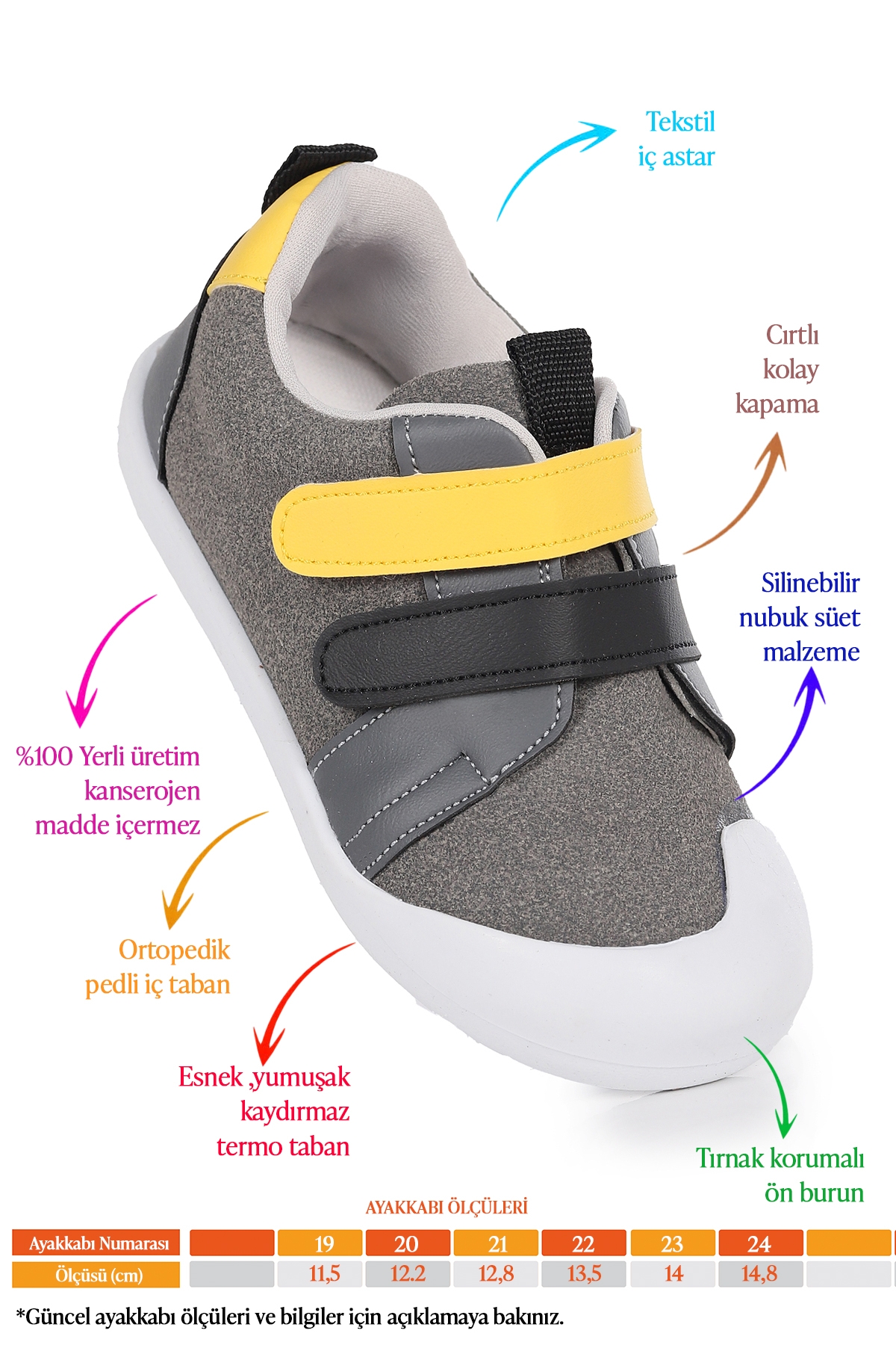 Şifu İlk Adım Cırtlı Erkek Bebek Spor Ayakkabı Gri - Sarı - Görsel 3