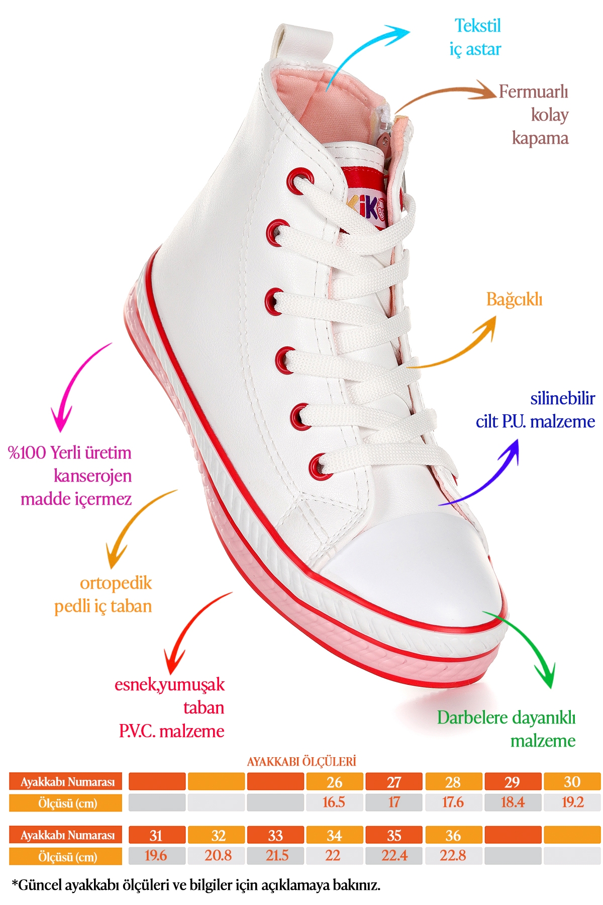 Pant Günlük Bağcıklı Fermuarlı Kız Çocuk Spor Ayakkabı Beyaz - Pudra - Görsel 3