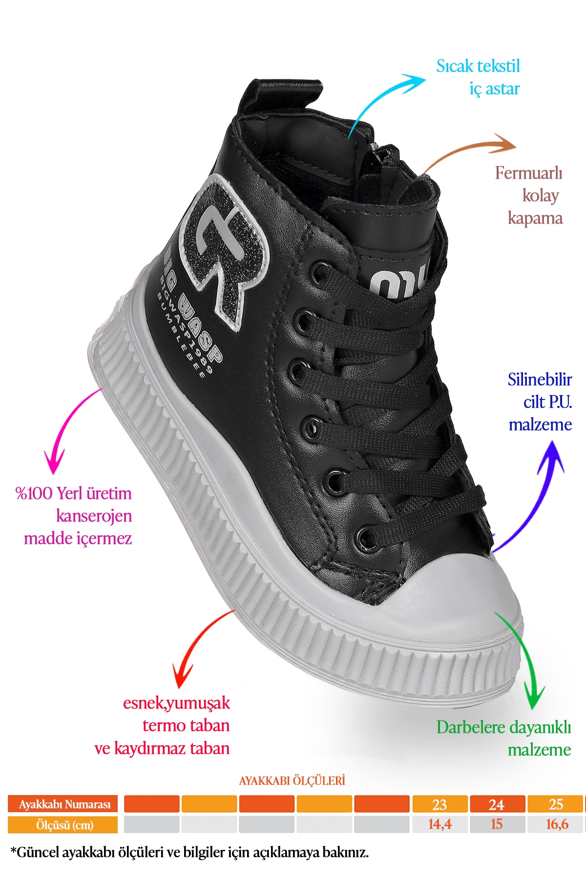 Wasp Fermuarlı Günlük Kız Bebek Bot Ayakkabı Siyah - Gümüş - Görsel 3