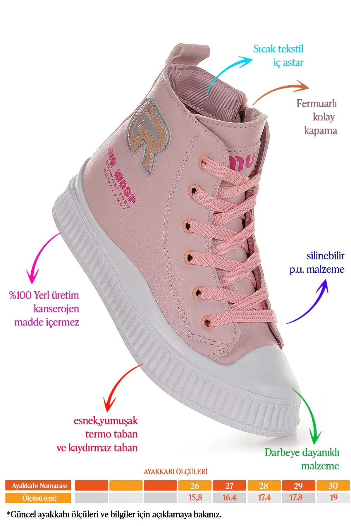 Wasp Fermuarlı Günlük Kız Çocuk Bot Ayakkabı Pudra - Görsel 3