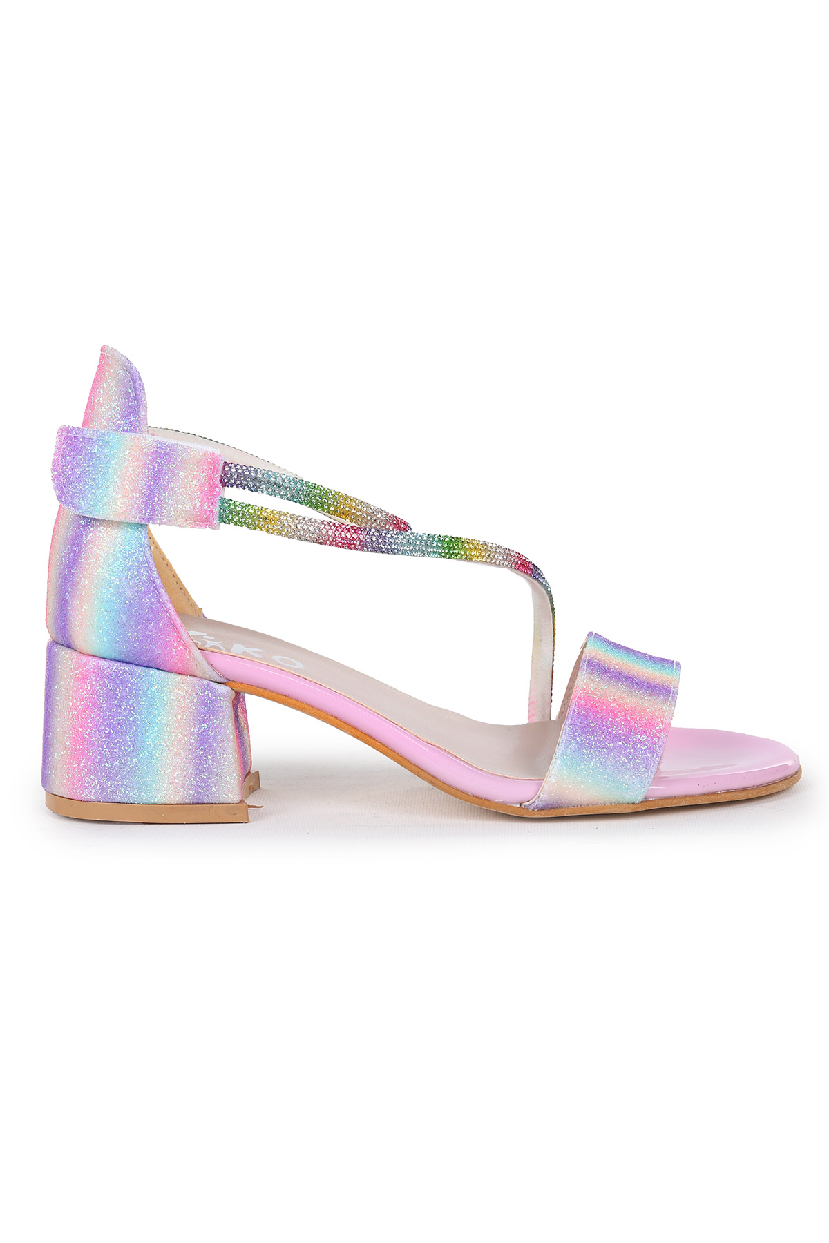 Pisar Kum Simli Günlük Kız Çocuk 4 Cm Topuklu Sandalet Abiye Ayakkabı Gök Kuşağı - Görsel 4