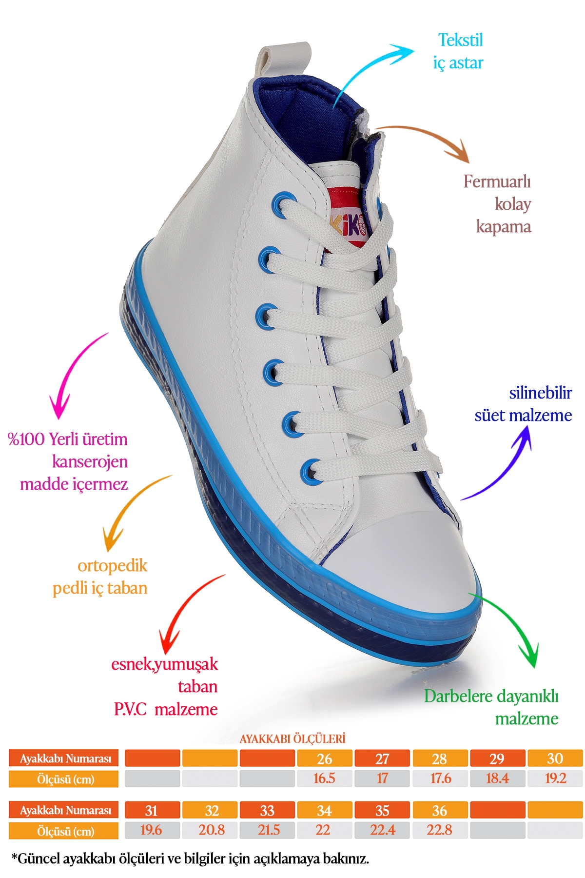 Pant Günlük Bağcıklı Fermuarlı Erkek Çocuk Spor Ayakkabı Beyaz - Mavi - Görsel 3