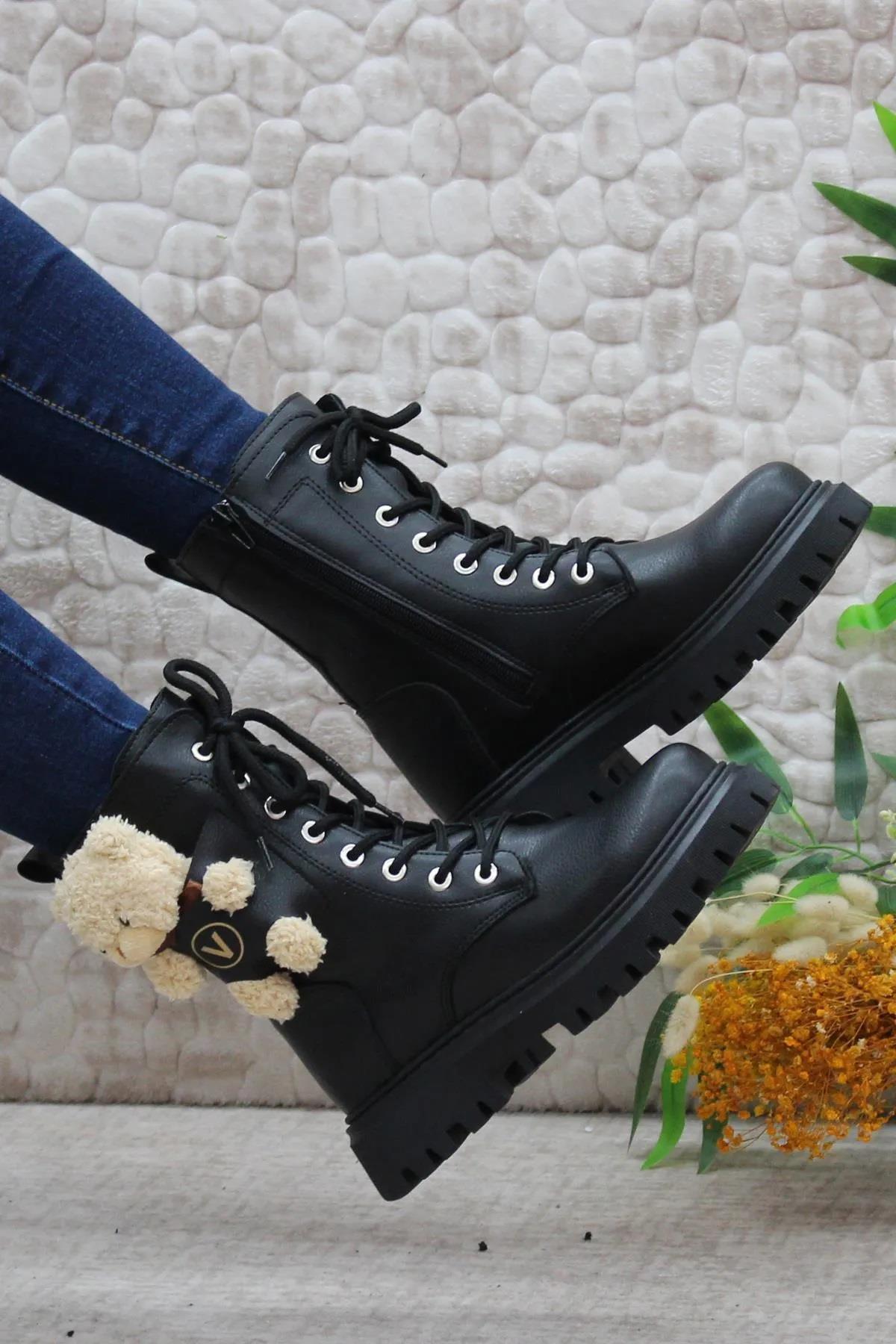 4182 Ayıcıklı Fermuarlı Kaymaz Taban Kız Çocuk Bot - Görsel 2