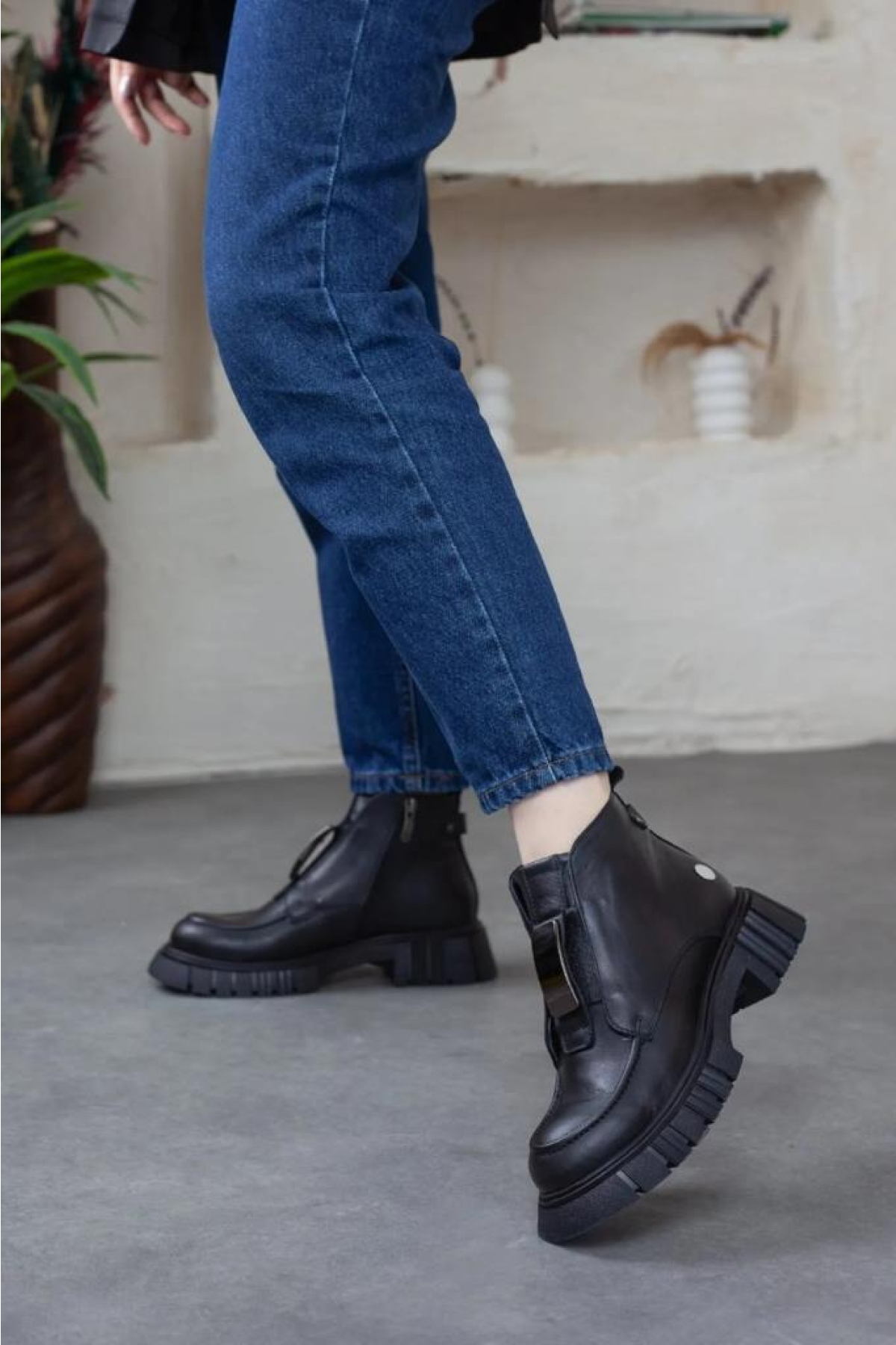 D24kb 1990 Siyah Hakiki Deri Kadın Bot - Görsel 5