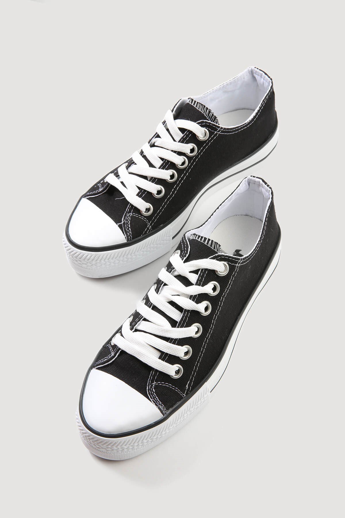 Kadın Kalın Tabanlı Keten Spor Ayakkabı SİYAH BEYAZ - Görsel 3