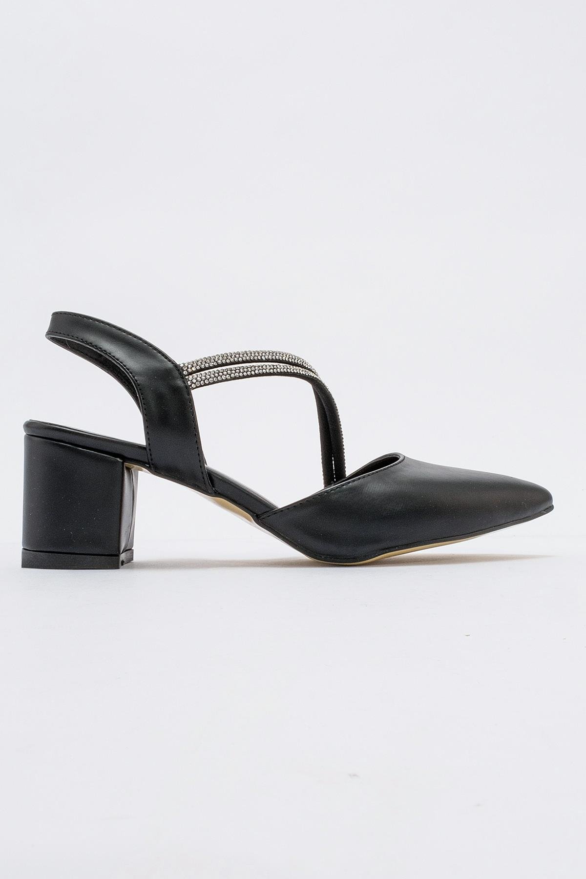 Taşlı Arkası Açık Kadın Topuklu Ayakabı SİYAH CİLT - Görsel 3
