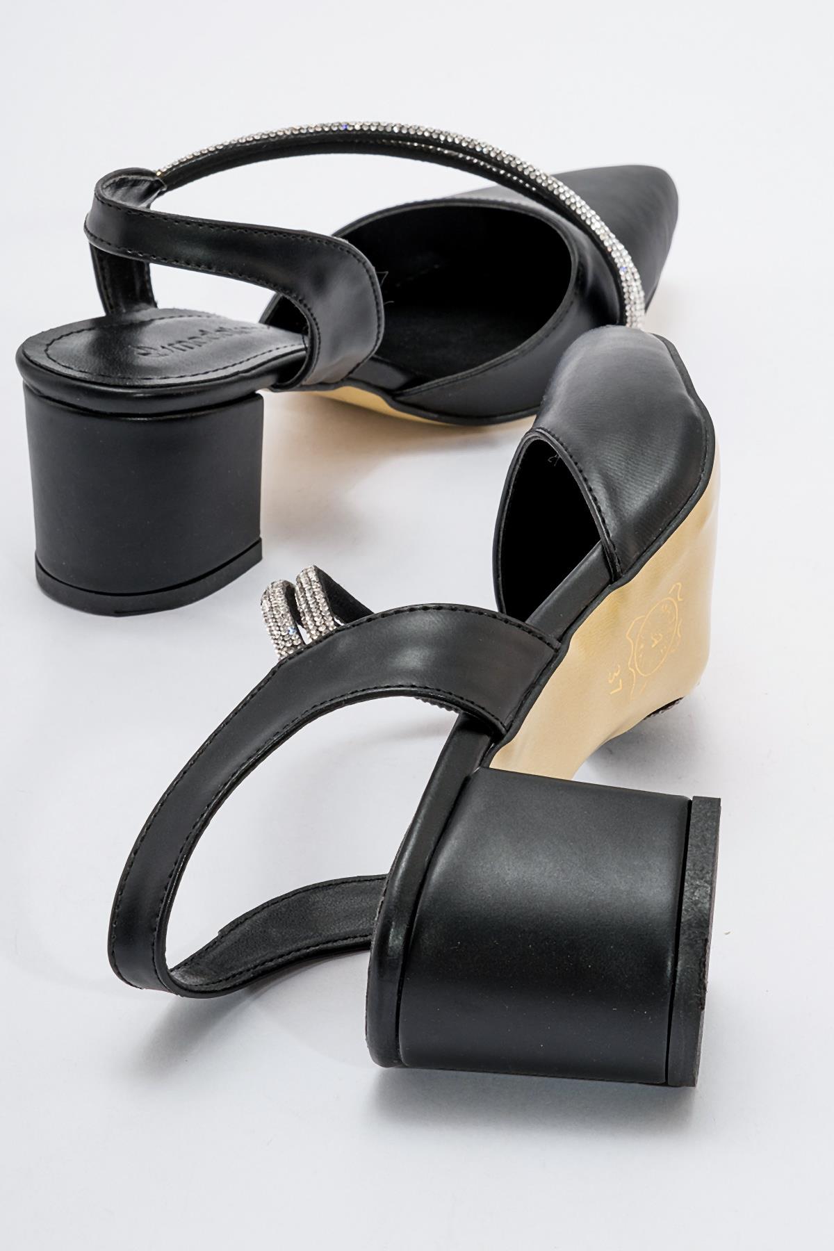 Taşlı Arkası Açık Kadın Topuklu Ayakabı SİYAH CİLT - Görsel 5