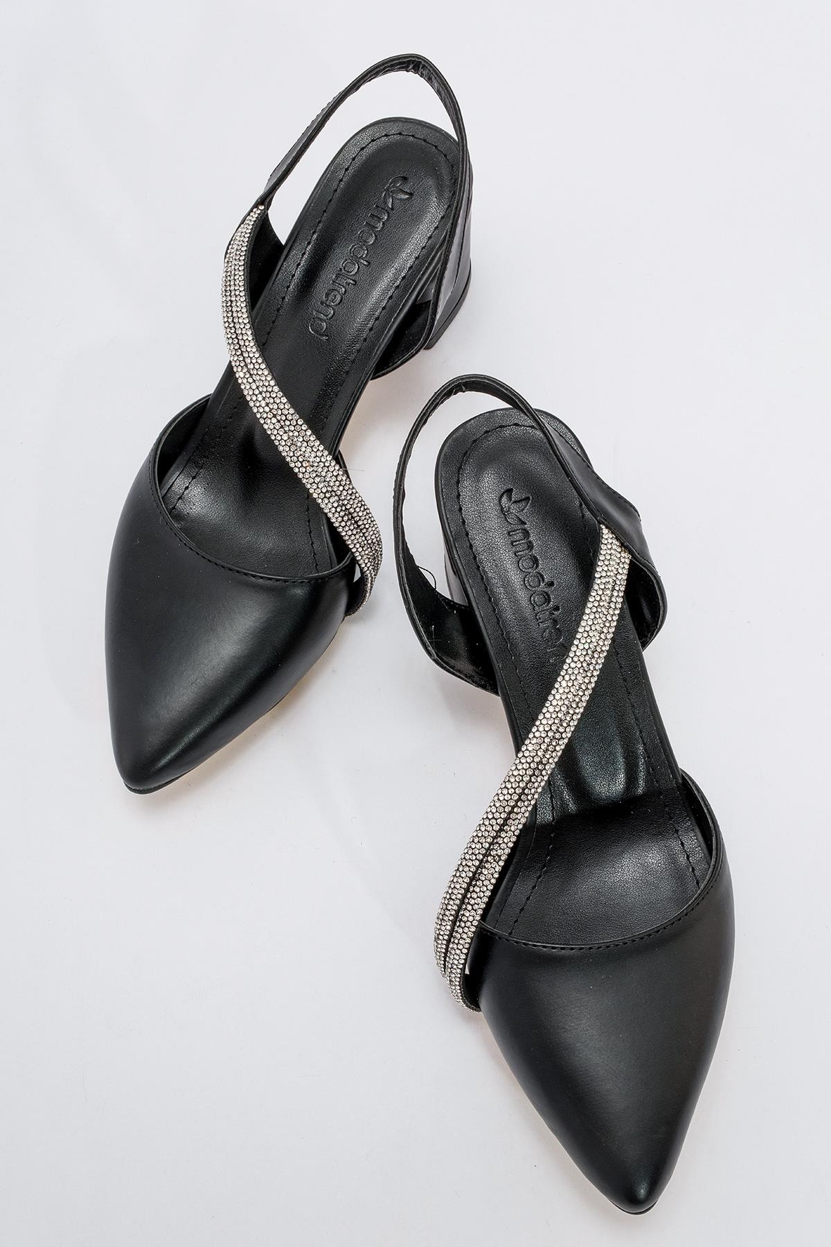 Taşlı Arkası Açık Kadın Topuklu Ayakabı SİYAH CİLT - Görsel 6