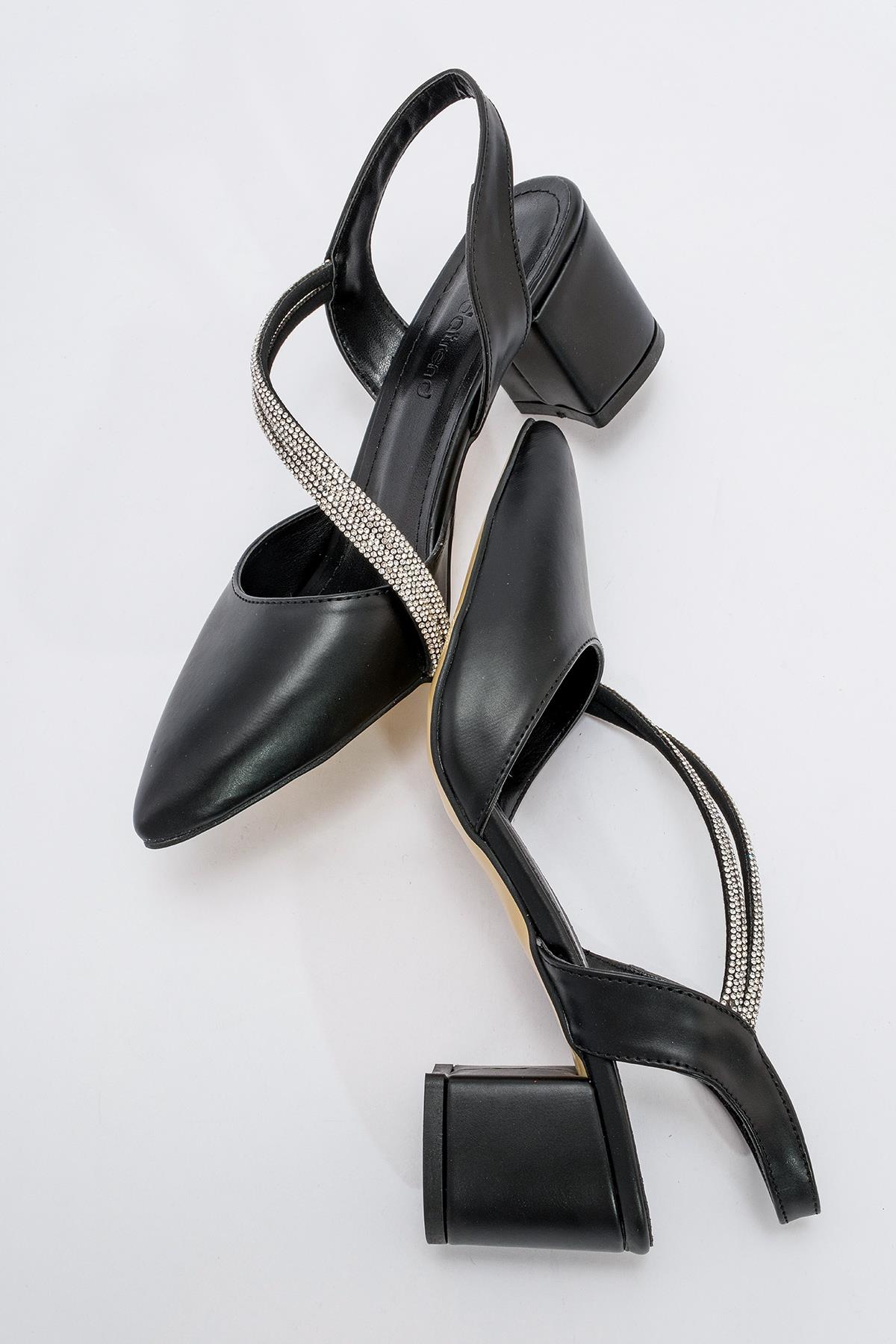 Taşlı Arkası Açık Kadın Topuklu Ayakabı SİYAH CİLT - Görsel 7