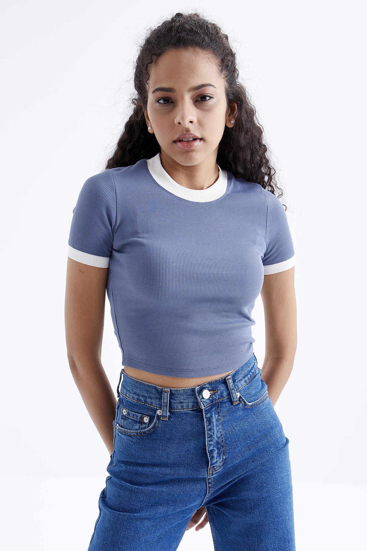 Petrol Basic Kol Detaylı O Yaka Kadın Crop Top T-Shirt - 97200