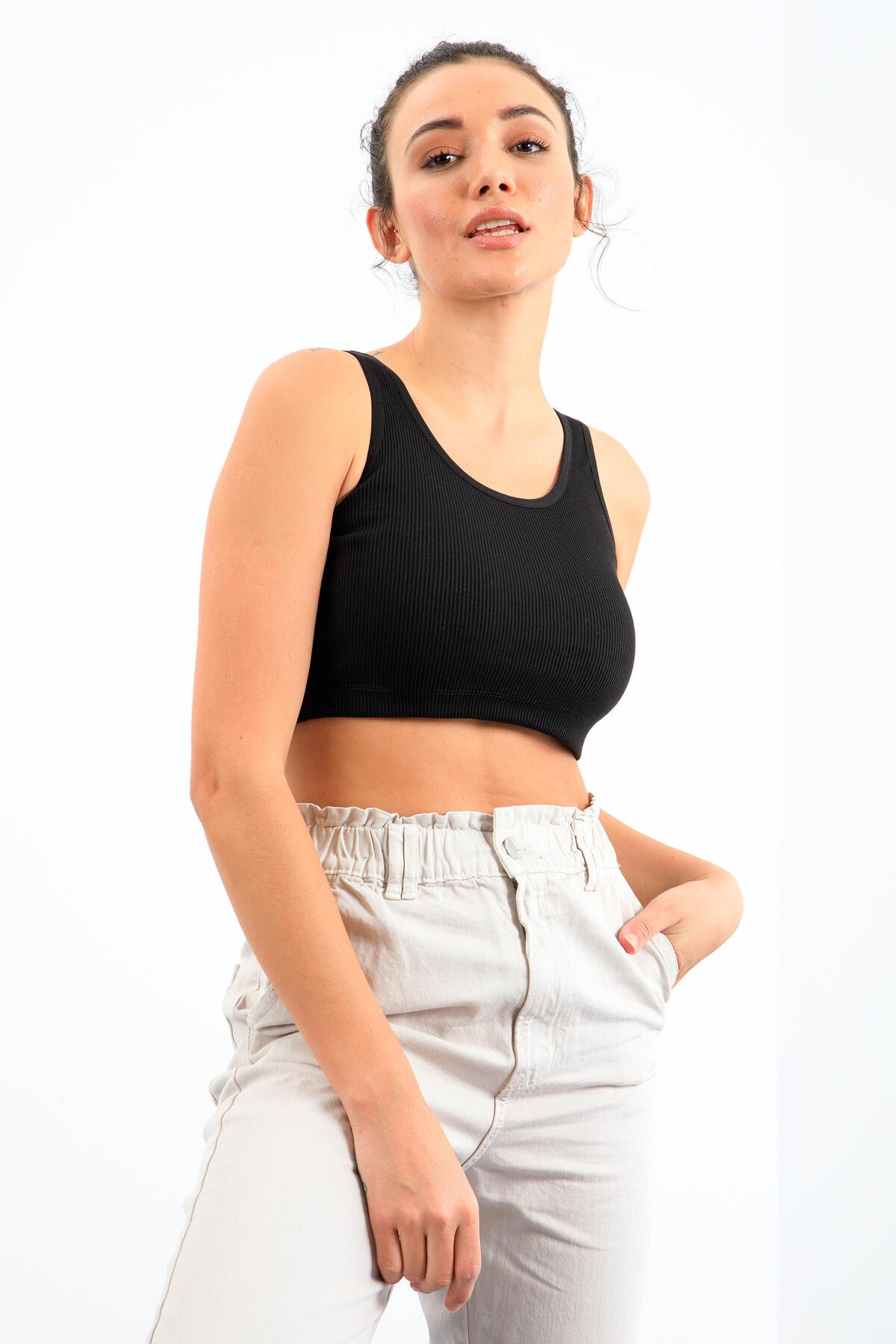 Siyah Basic Sıfır Kol Dar Kalıp U Yaka Kadın Crop Top Atlet - 97160