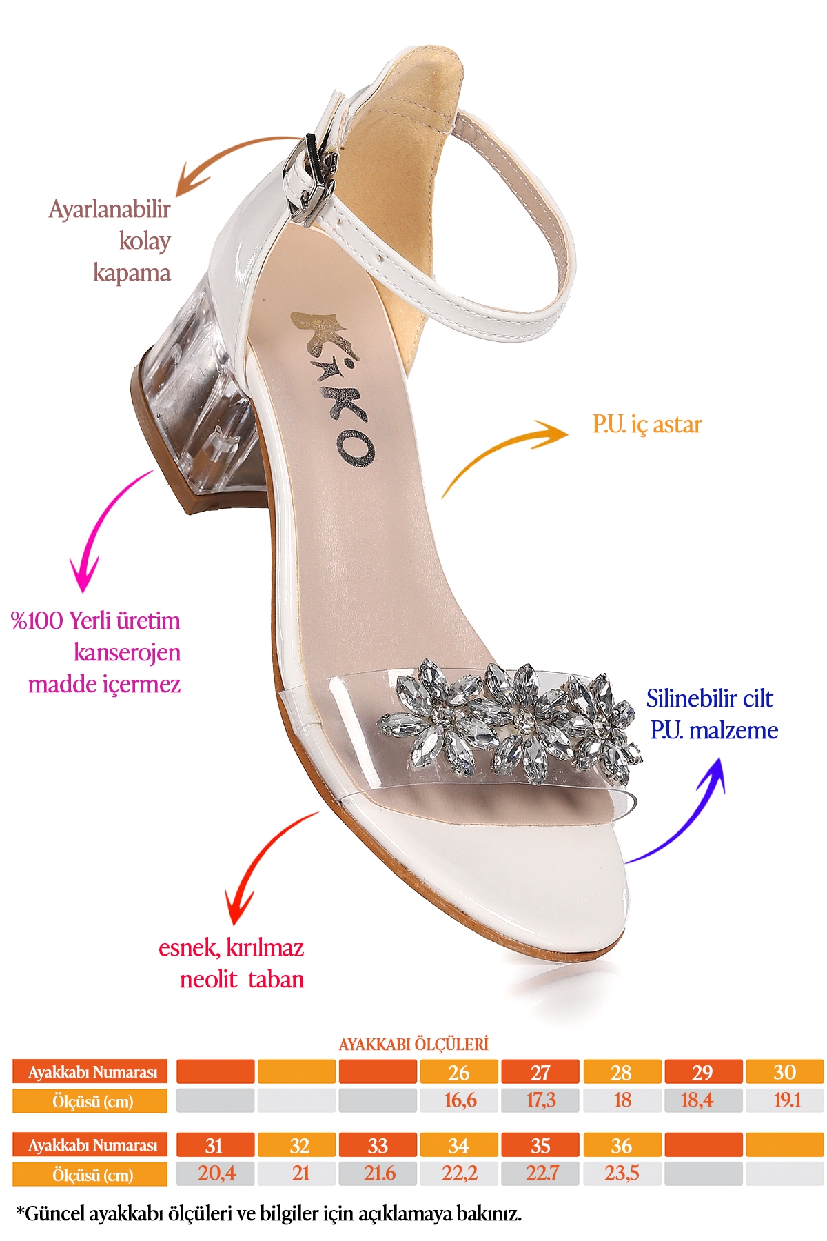 Yangu Taşlı Kız Çocuk 3 Cm Şeffaf Topuklu Sandalet Abiye Ayakkabı Beyaz - Görsel 3