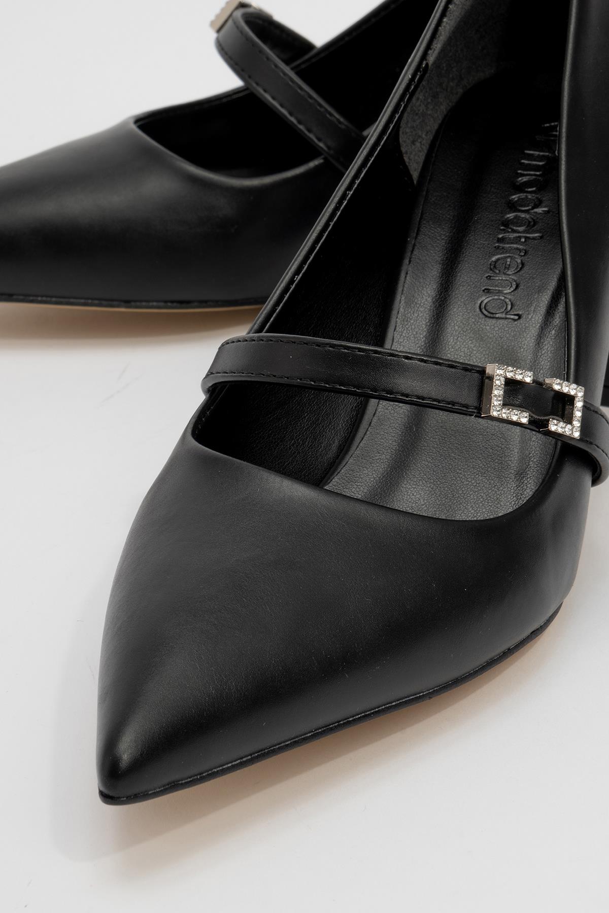 Kadın Kemerli Taşlı Topuklu Ayakkabı SİYAH CİLT - Görsel 4