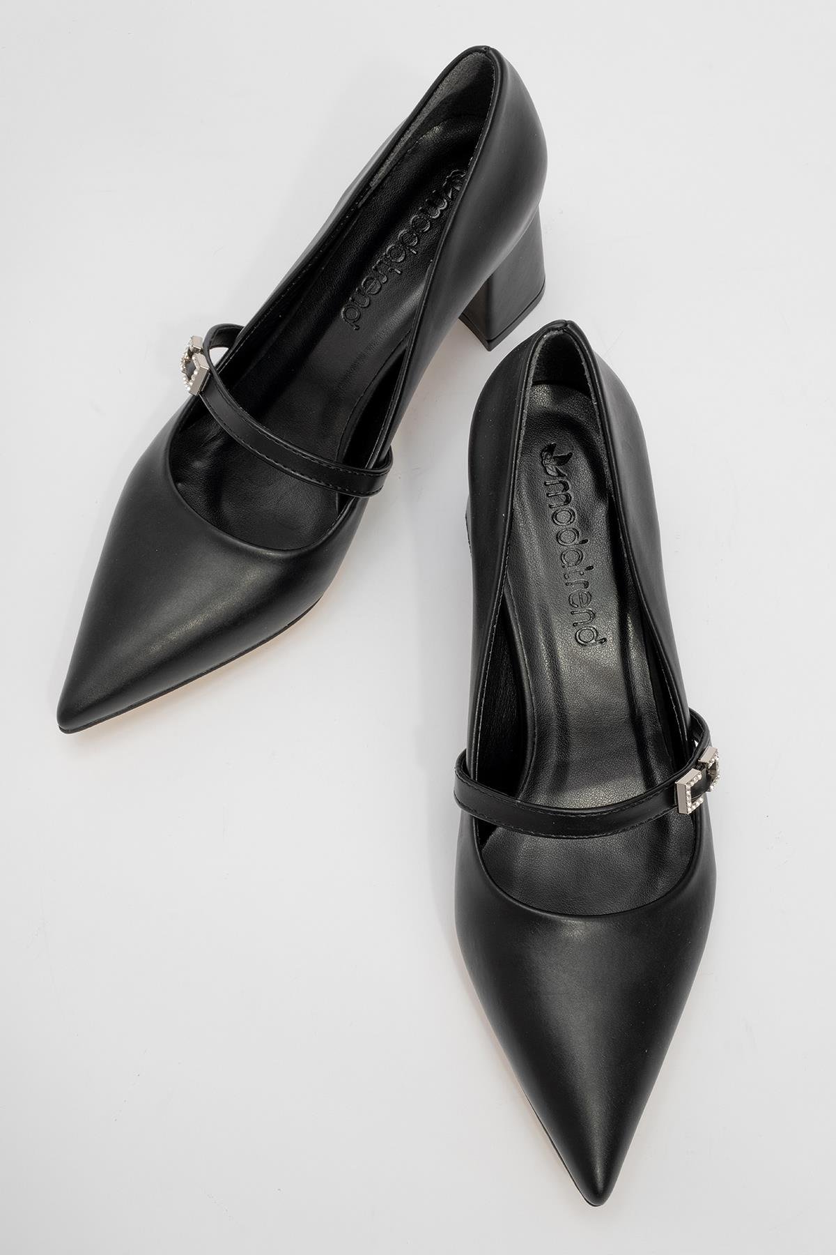 Kadın Kemerli Taşlı Topuklu Ayakkabı SİYAH CİLT - Görsel 6