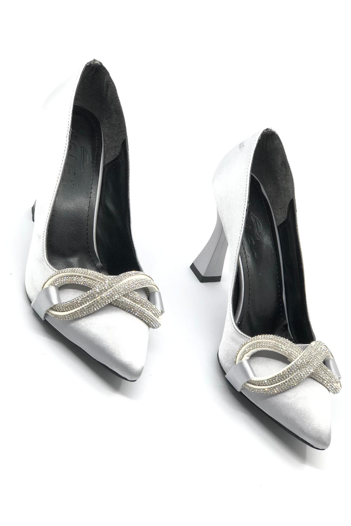 Kadeh Topuk Taşlı Saten Stiletto Kadın Topuklu Ayakkabı - Görsel 4